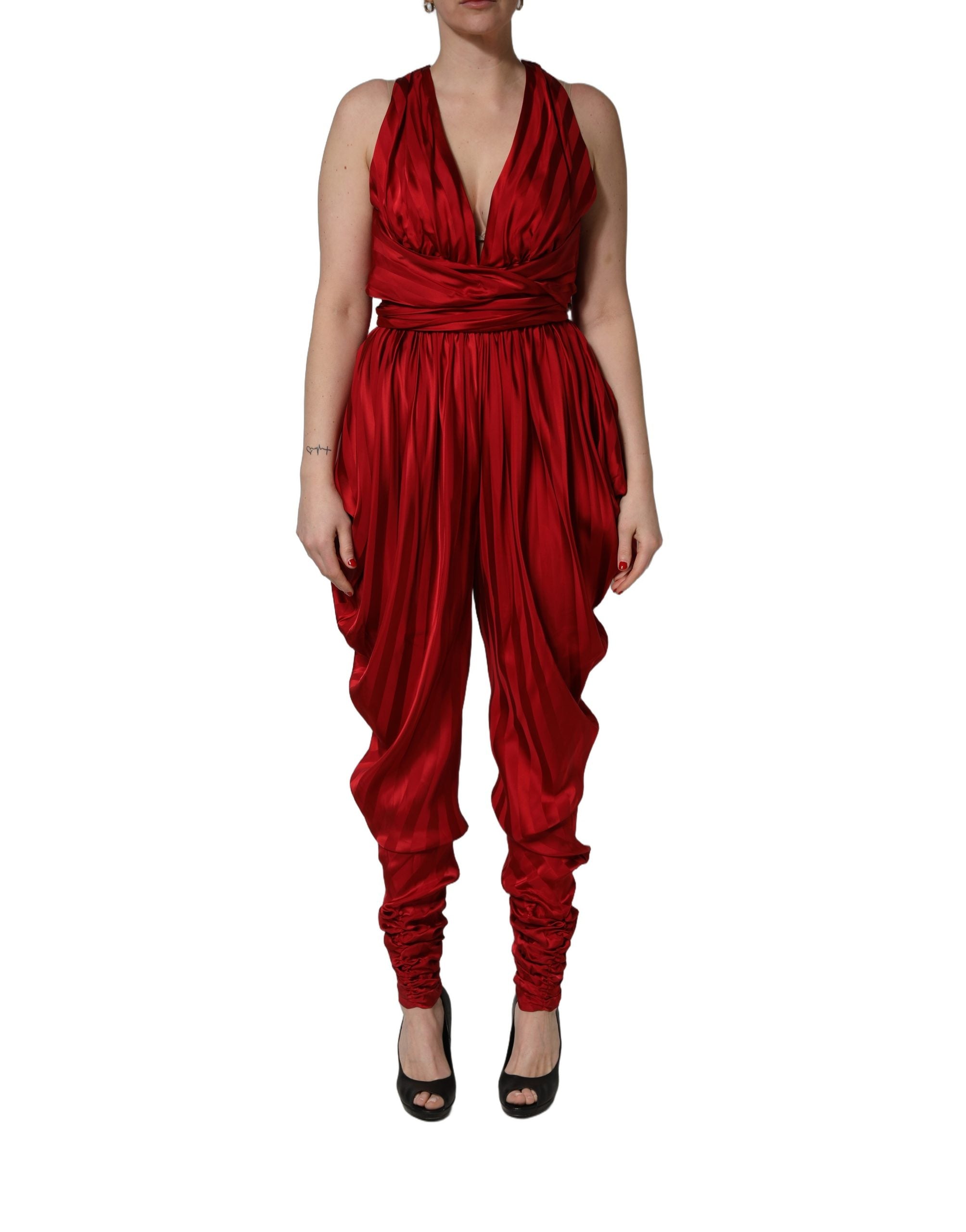 Dolce & Gabbana Roter Jumpsuit mit tiefem V-Ausschnitt und Drapierung
