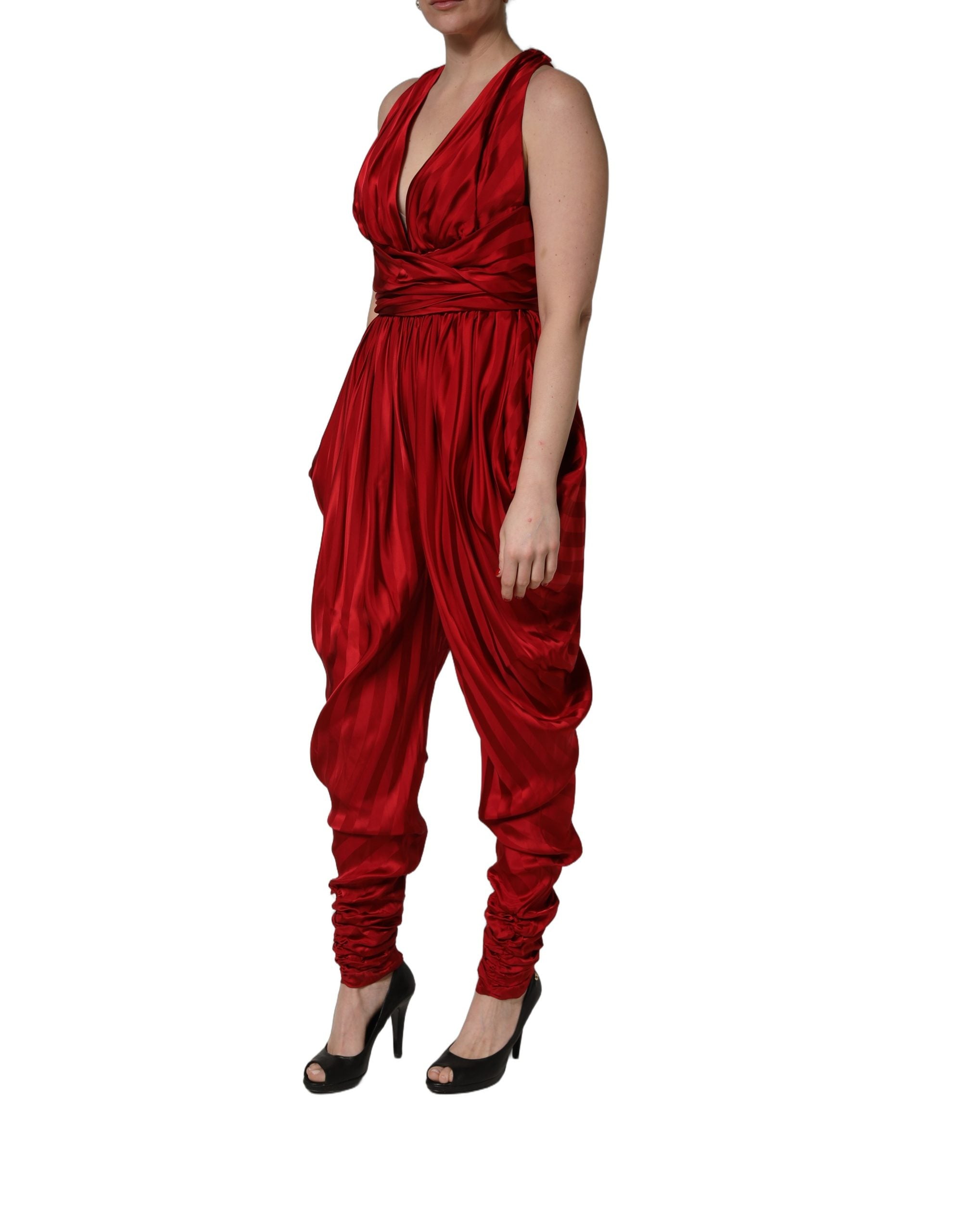 Dolce & Gabbana Roter Jumpsuit mit tiefem V-Ausschnitt und Drapierung