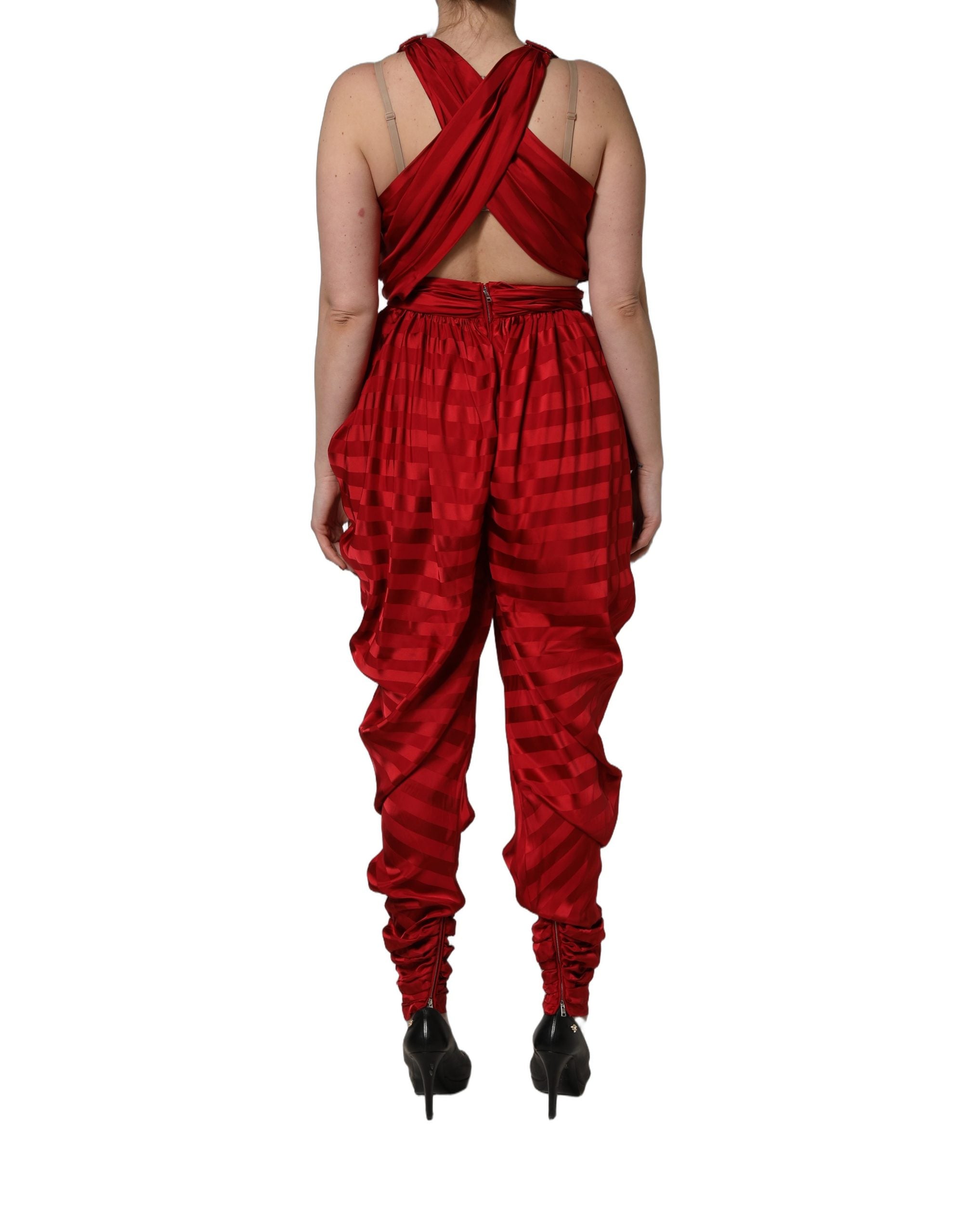 Dolce & Gabbana Roter Jumpsuit mit tiefem V-Ausschnitt und Drapierung