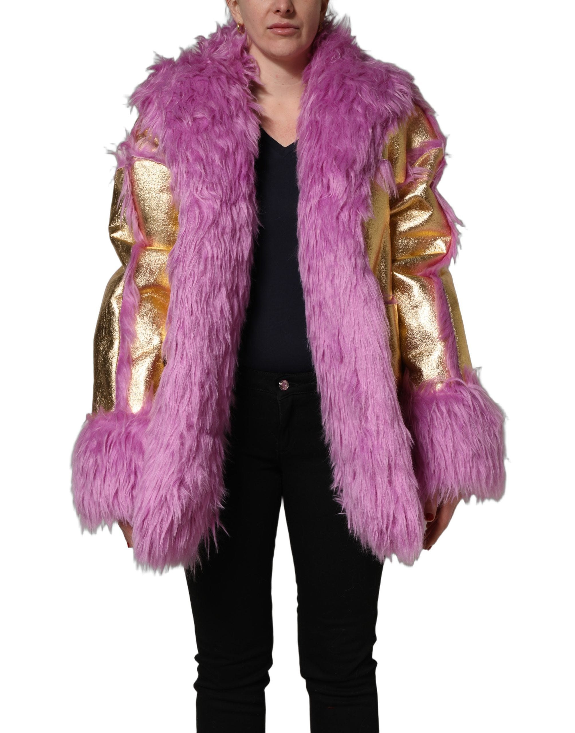 Dolce & Gabbana Pink Plüsch Kunstpelz Gold Leder Mantel Jacke