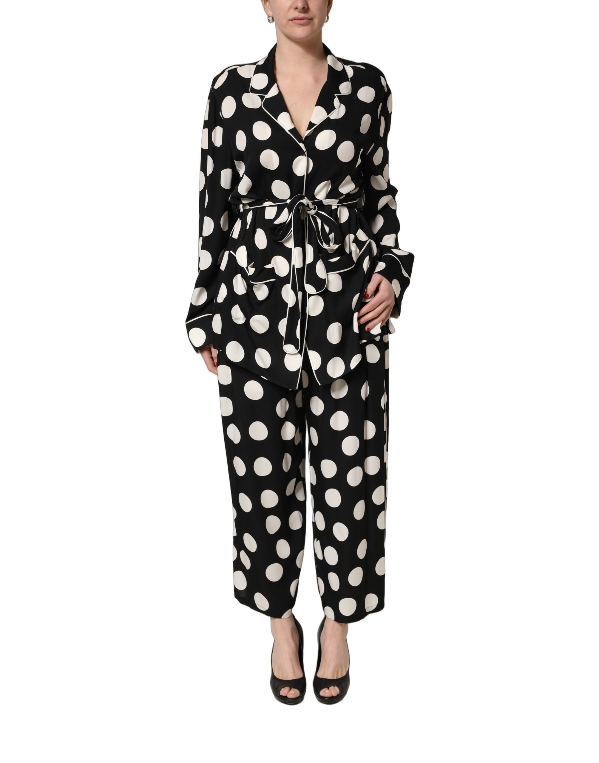 Dolce & Gabbana Zweiteiliges Schlafanzug-Set mit schwarzem und weißem Polka-Dot-Muster