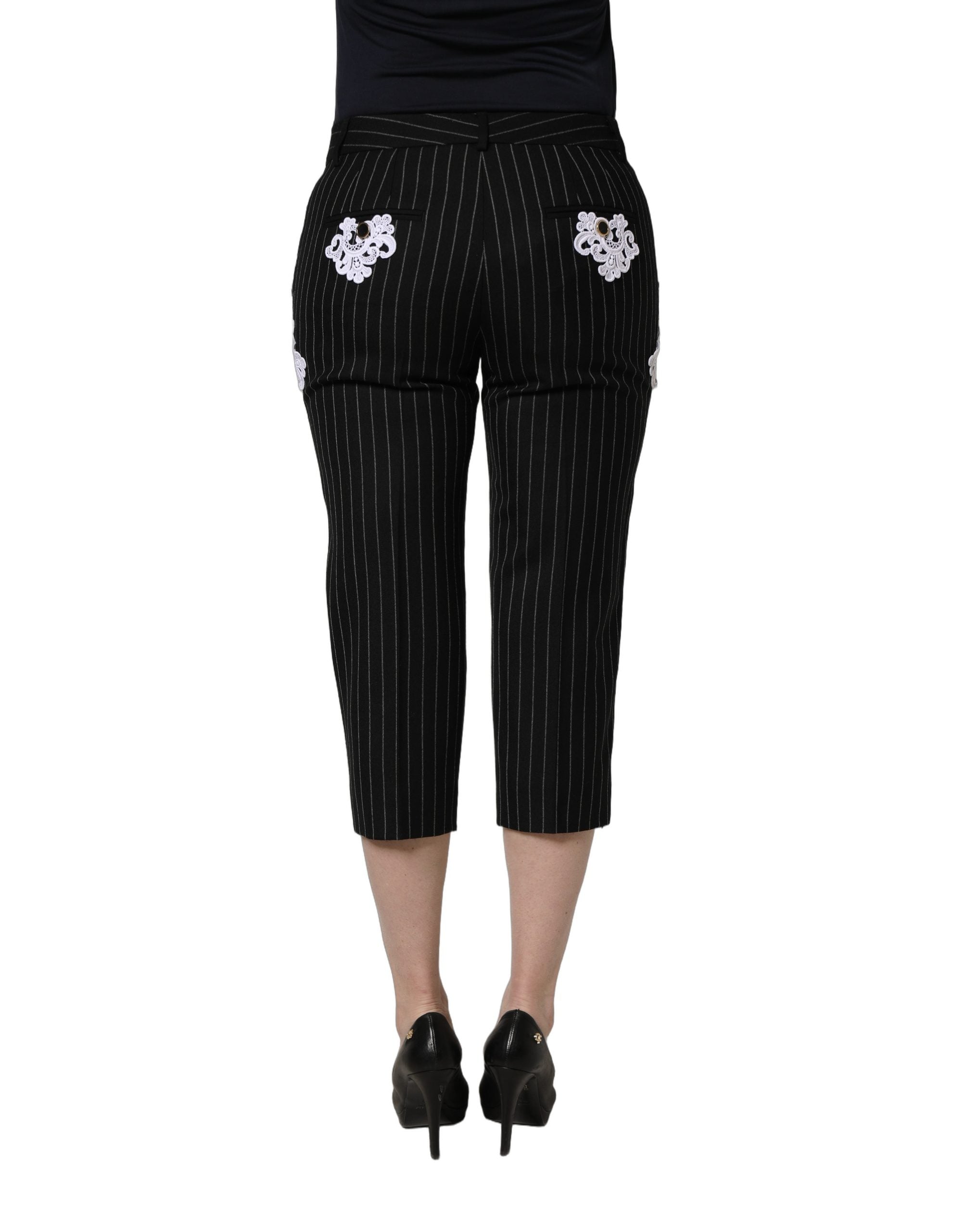 Dolce & Gabbana Schwarze Cropped Hose mit Nadelstreifen und Spitzenapplikationen