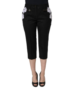 Dolce & Gabbana Schwarze Cropped Hose mit Nadelstreifen und Spitzenapplikationen