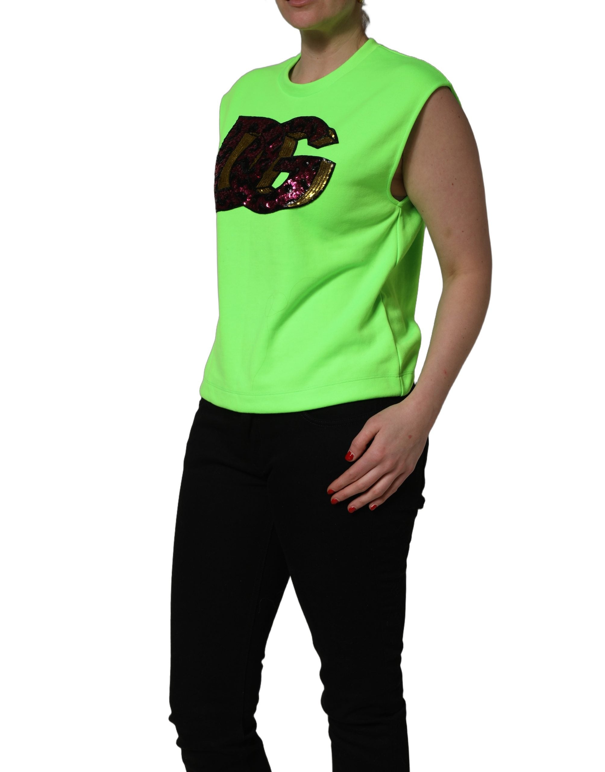 Dolce & Gabbana Neon Green DG Pailletten-Top aus Jersey ohne Ärmel