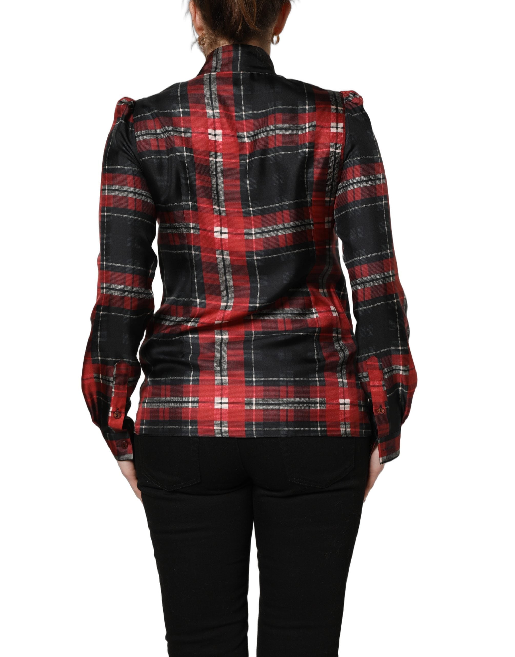 Dolce & Gabbana Seidenbluse mit Schleife und Karomuster in Rot und Schwarz