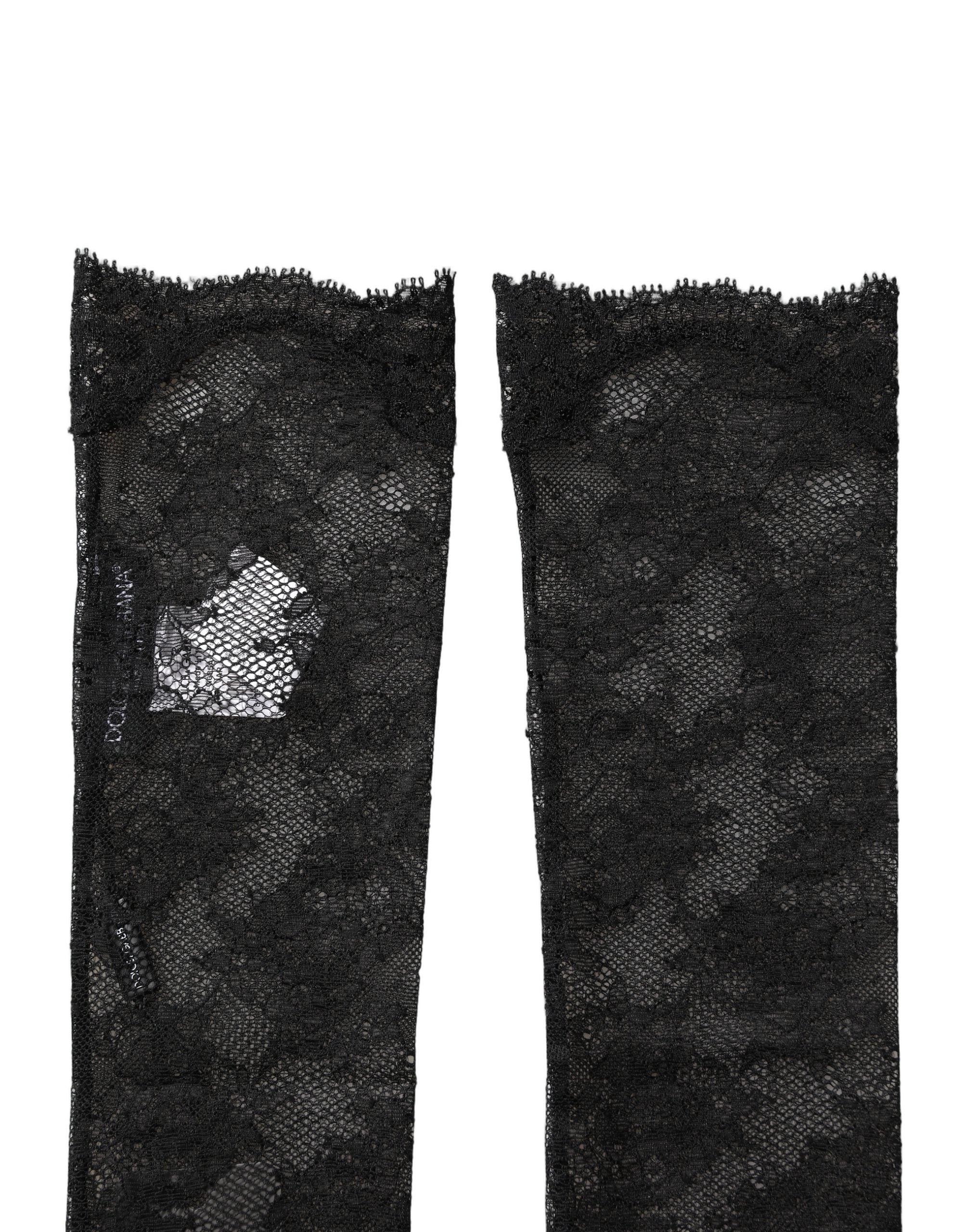 Dolce & Gabbana Schwarze Kniestrümpfe aus floraler Spitze mit Stretch-Nylon