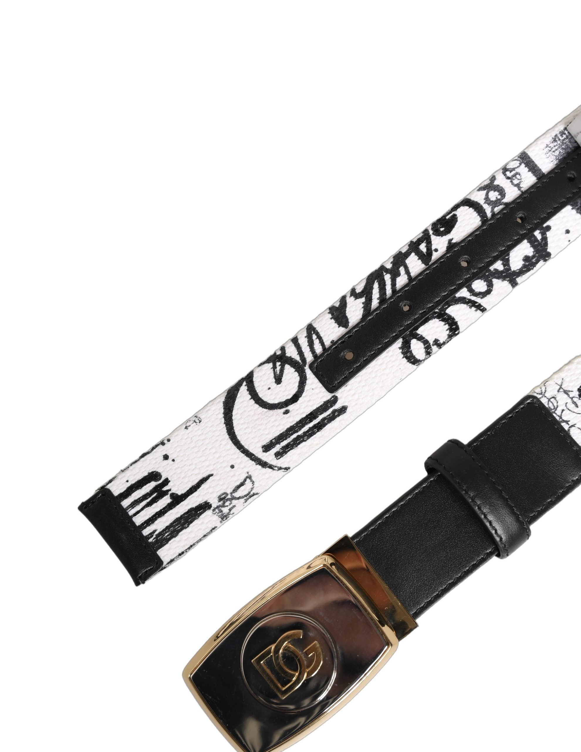 Dolce & Gabbana Weißer Gürtel mit Graffiti-Print und goldener Metallschnalle