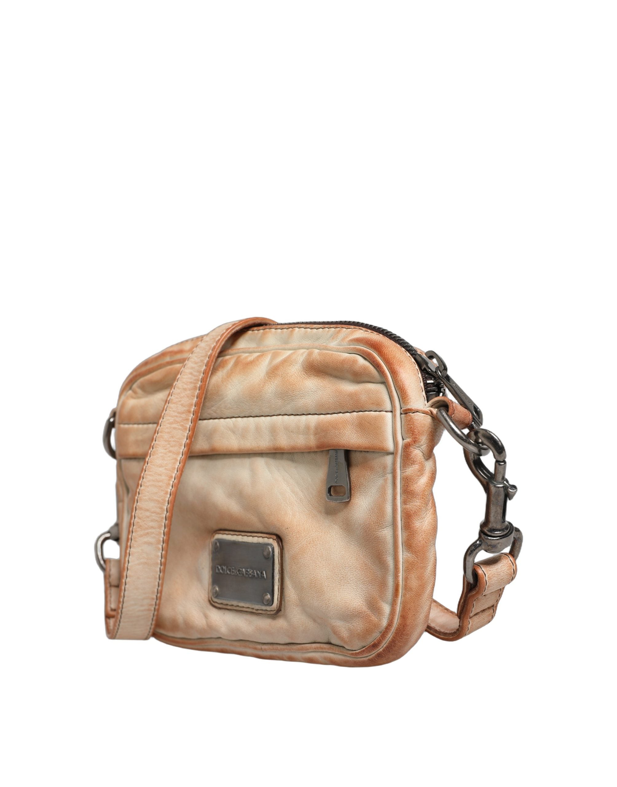 Dolce & Gabbana Beige Vintage Leder Umhängetasche mit Logo-Plakette für Herren