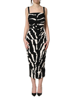 Dolce & Gabbana Kleid aus schwarzem und weißem Zebra-Cady in Wadenlänge