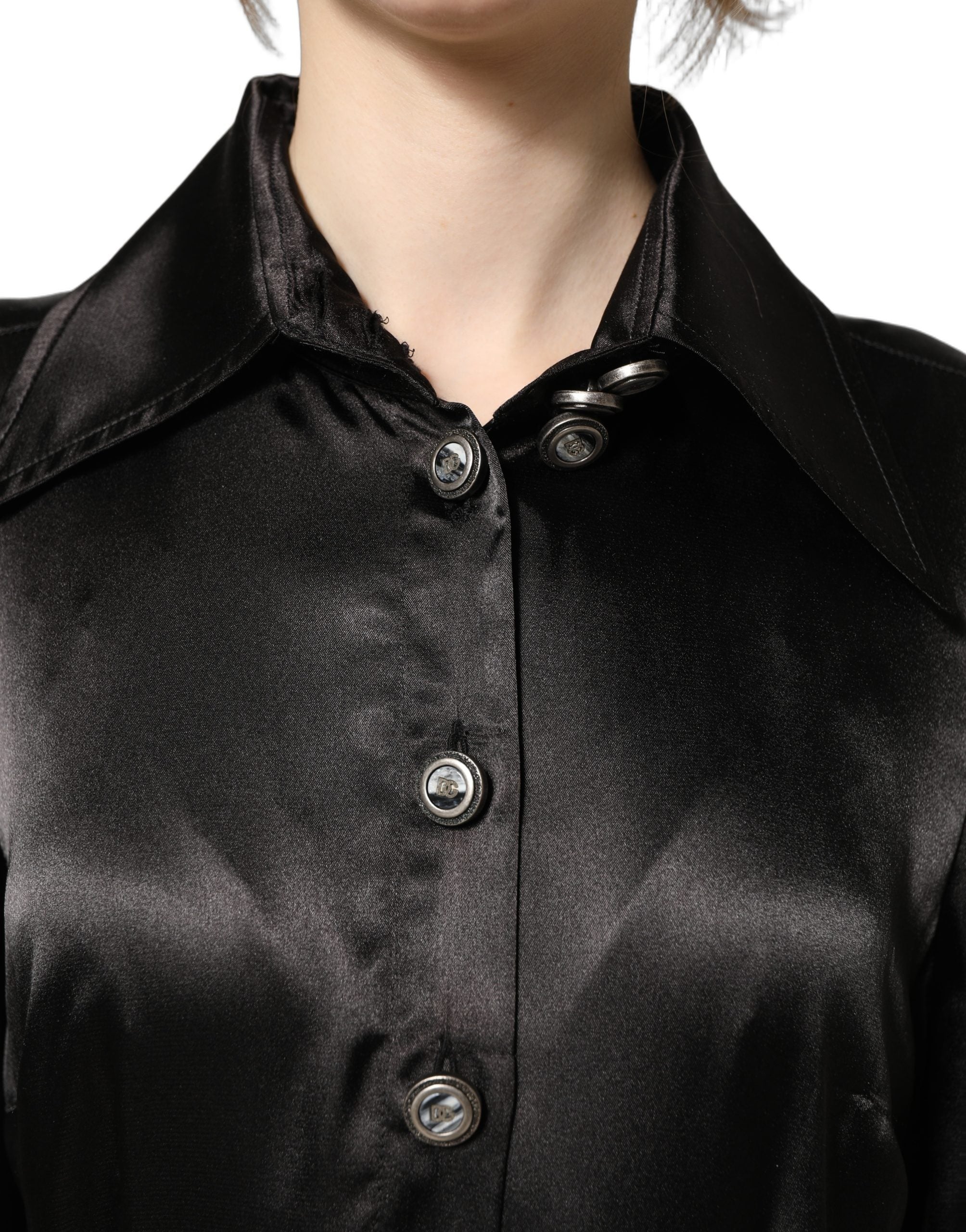 Dolce & Gabbana Schwarzes Satin-Kleid mit langen Puffärmeln und Falten