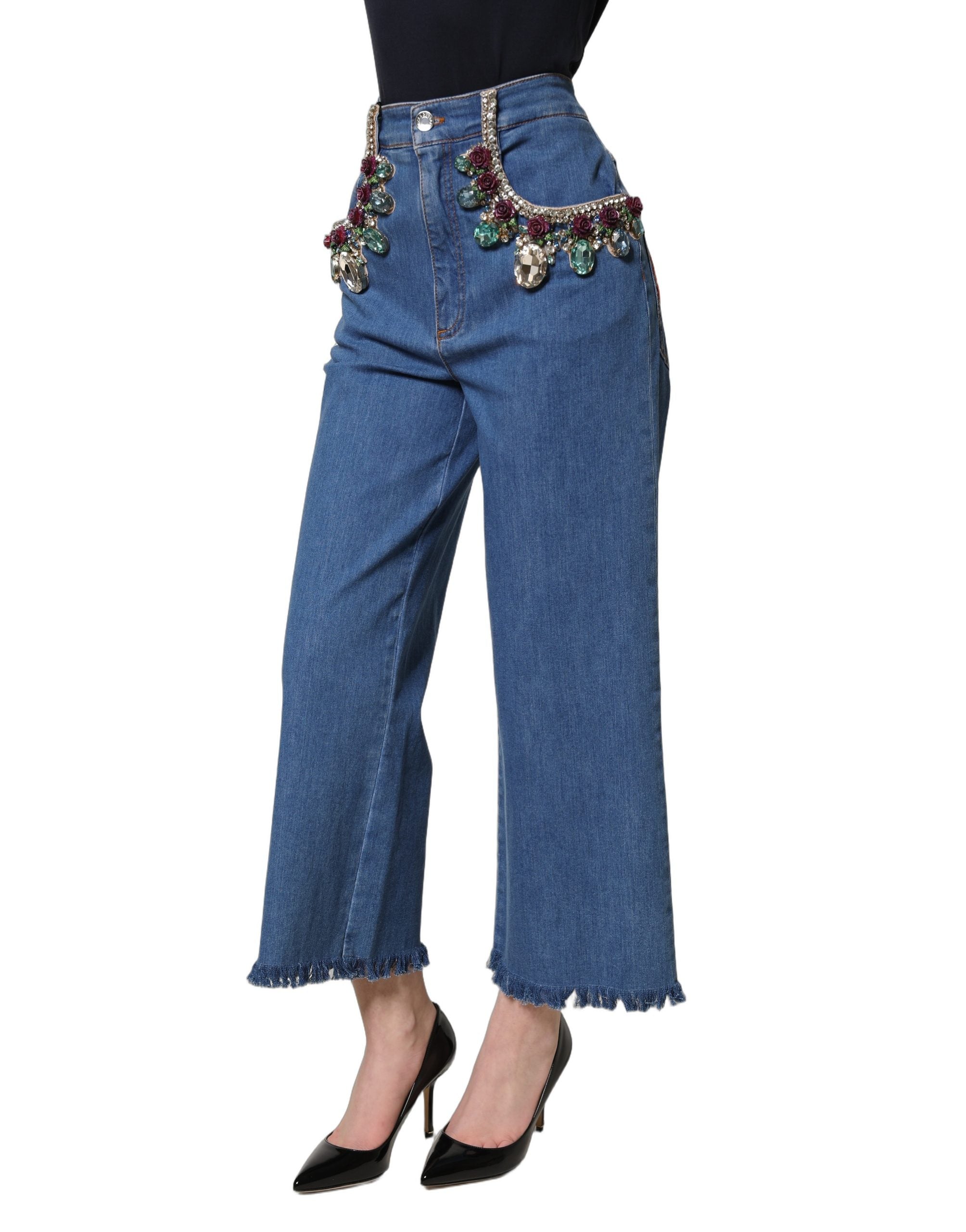 Dolce & Gabbana Blaue Jeans mit weitem Bein und Kristallverzierungen