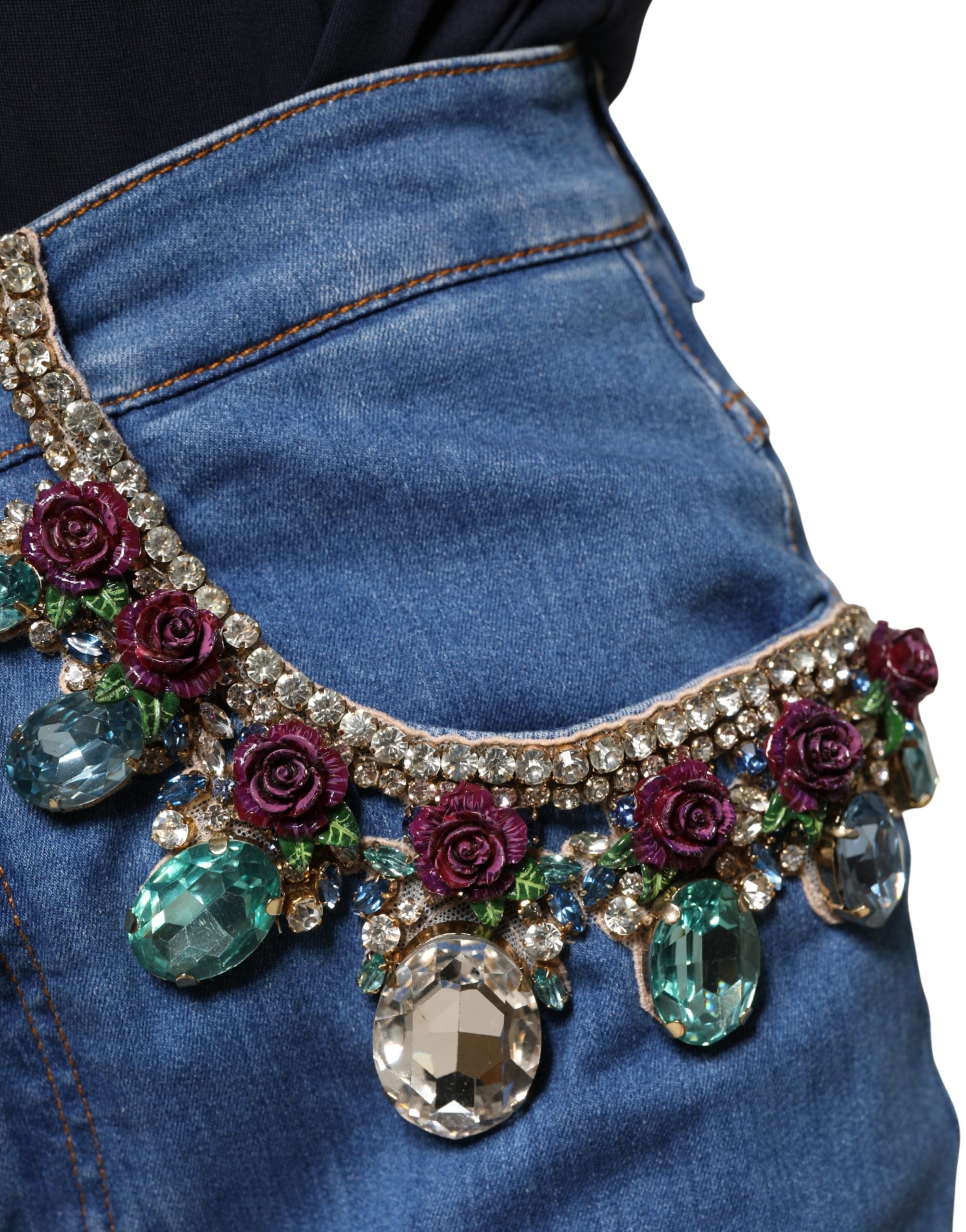 Dolce & Gabbana Blaue Jeans mit weitem Bein und Kristallverzierungen