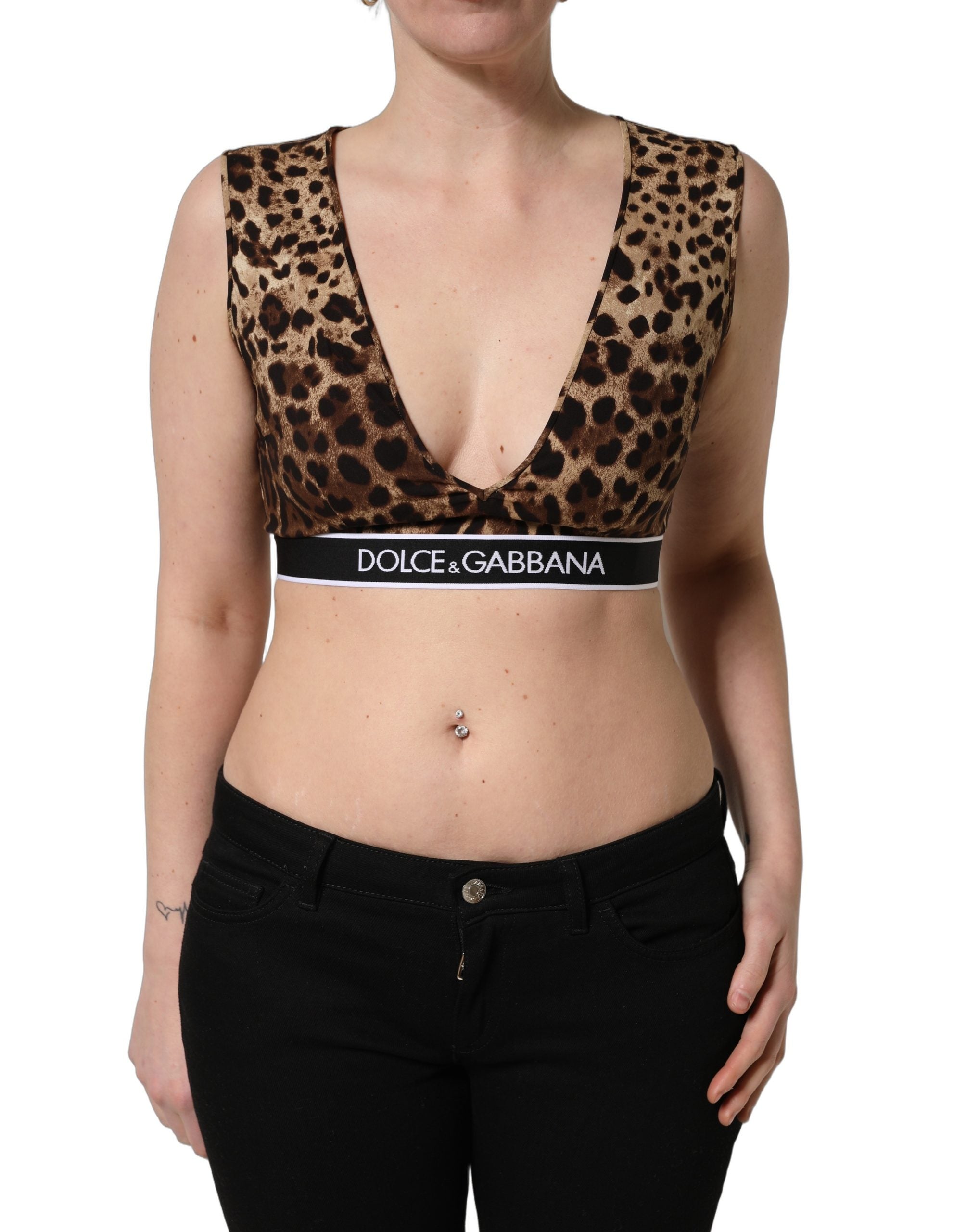 Dolce & Gabbana Braunes Crop-Top aus Seide mit Leopardenmuster