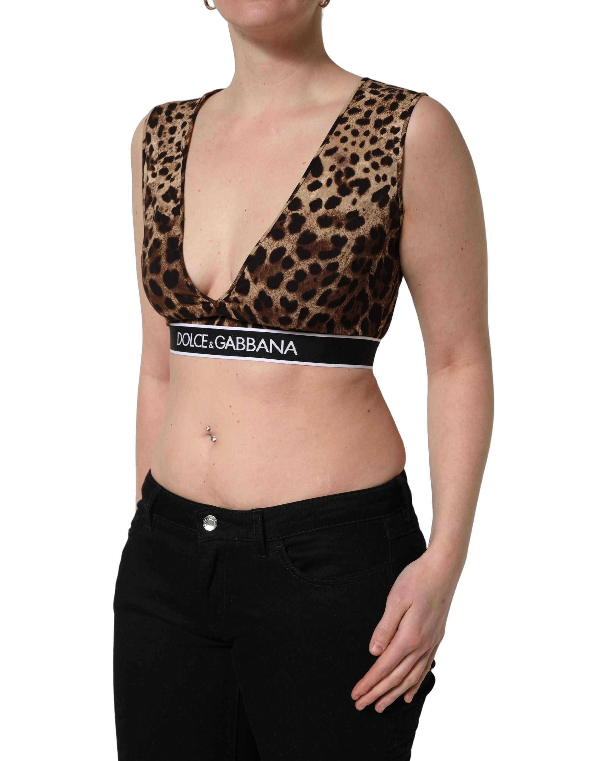 Dolce & Gabbana Braunes Crop-Top aus Seide mit Leopardenmuster