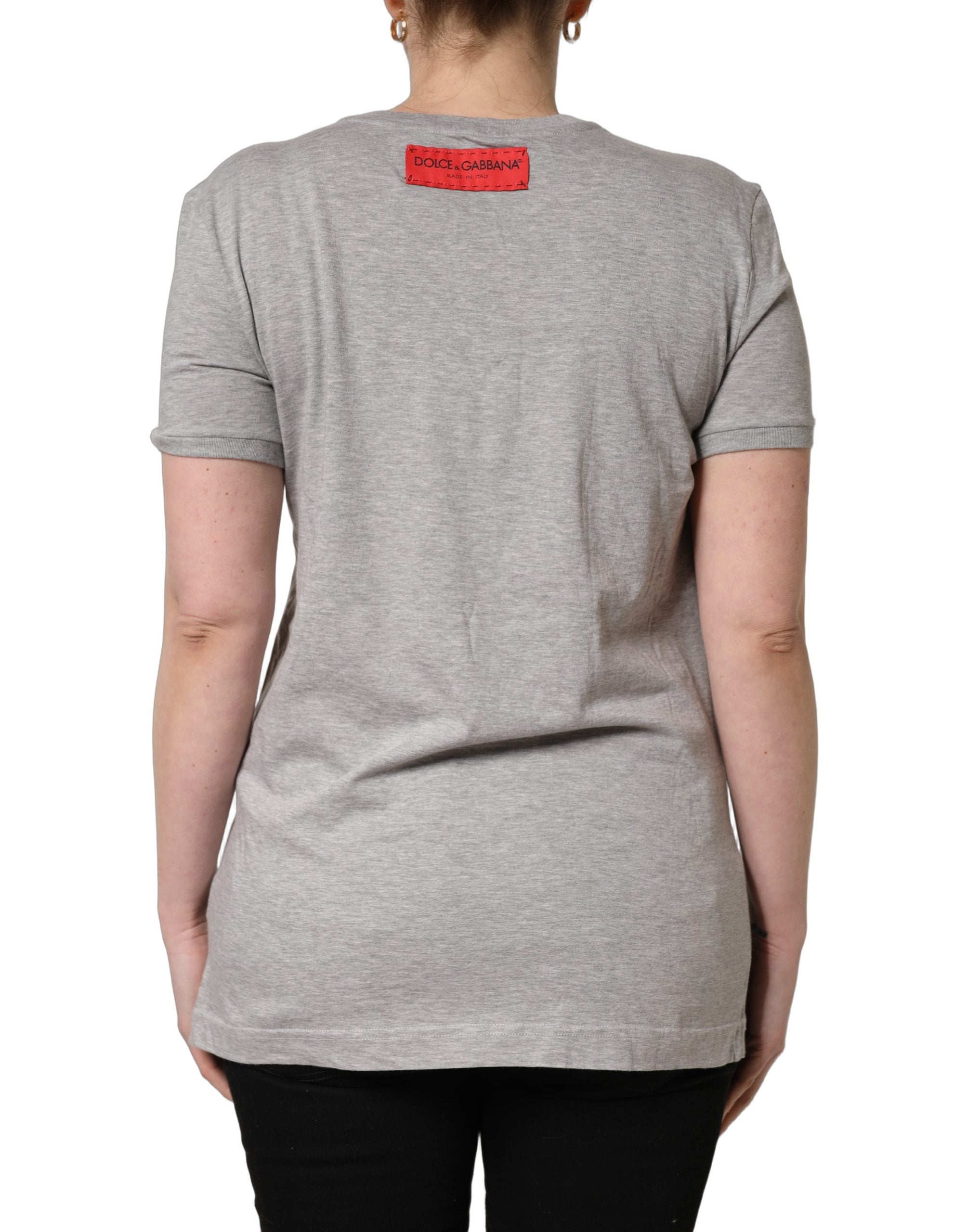 Dolce & Gabbana Graues Baumwoll-T-Shirt mit Logo-Print und Rundhalsausschnitt