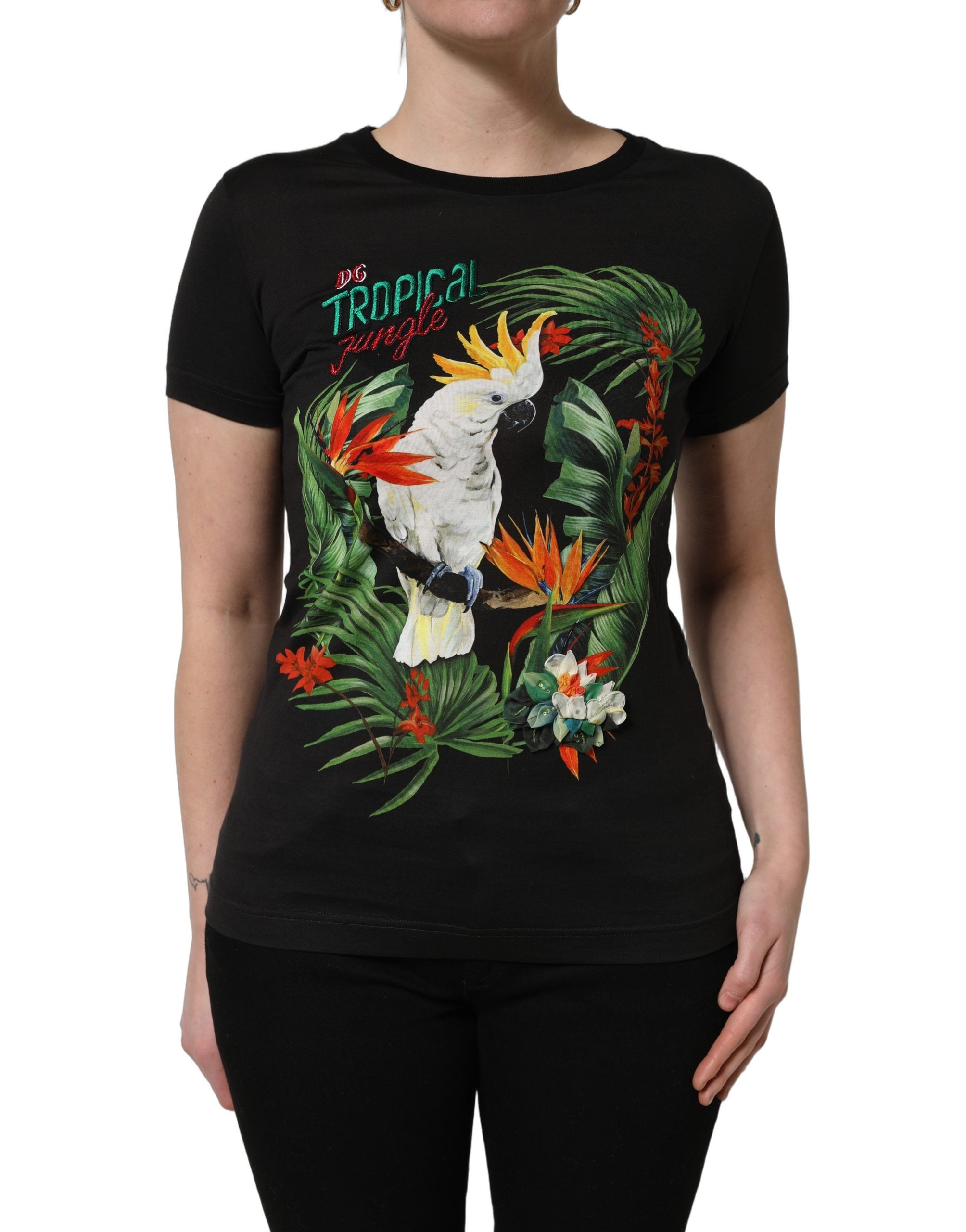 Dolce & Gabbana Schwarzes Baumwoll-T-Shirt mit tropischem Print und Rundhalsausschnitt