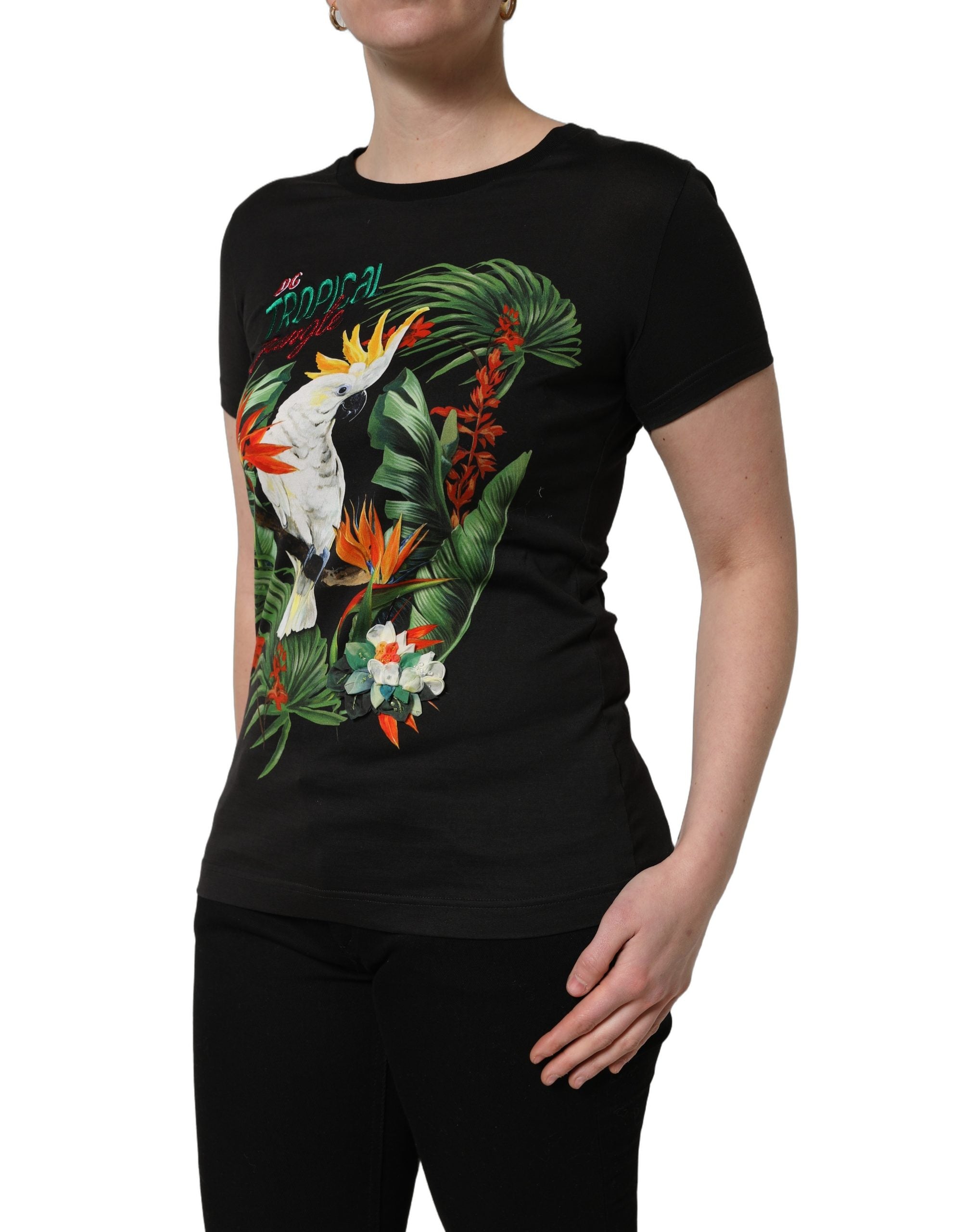 Dolce & Gabbana Schwarzes Baumwoll-T-Shirt mit tropischem Print und Rundhalsausschnitt