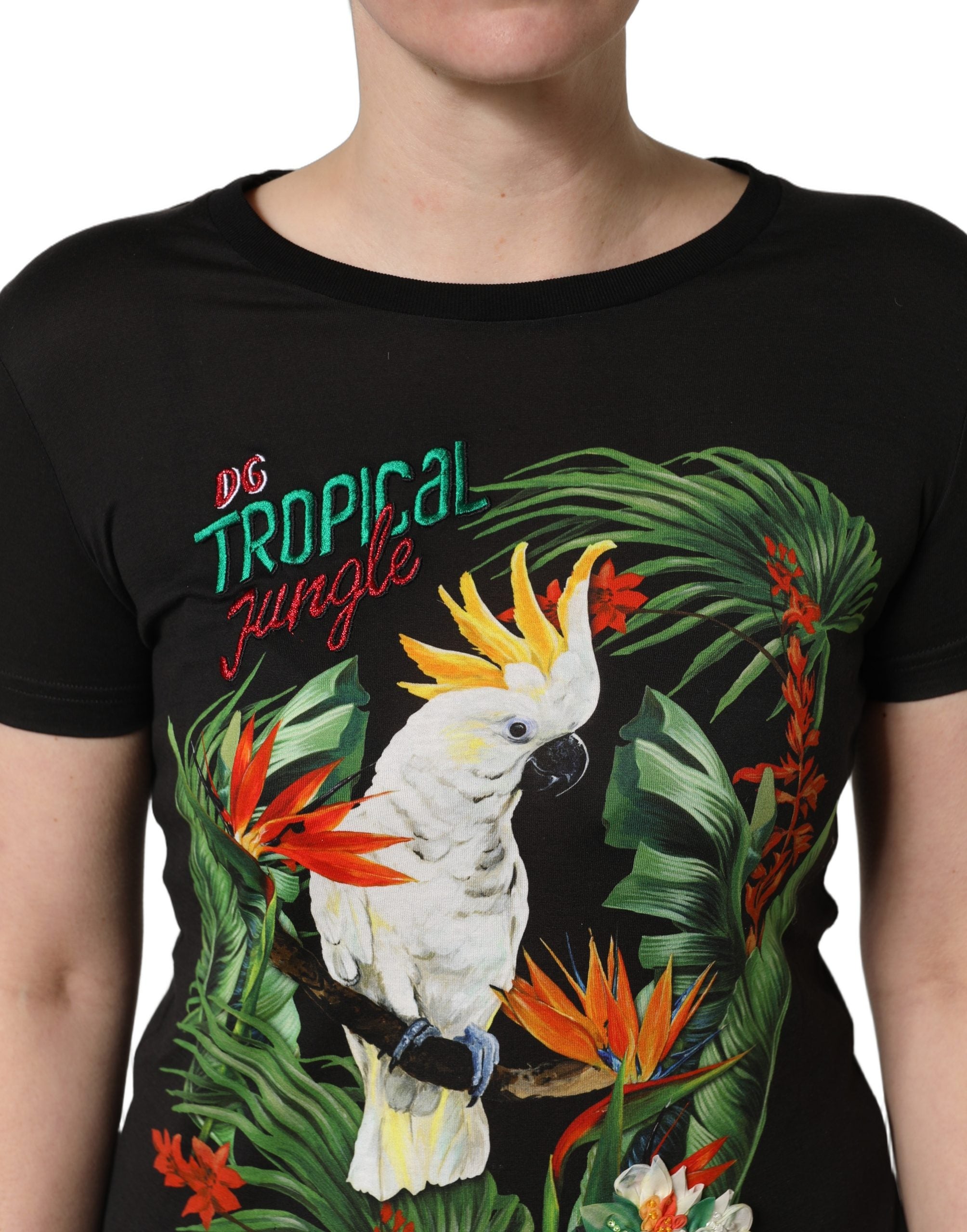 Dolce & Gabbana Schwarzes Baumwoll-T-Shirt mit tropischem Print und Rundhalsausschnitt