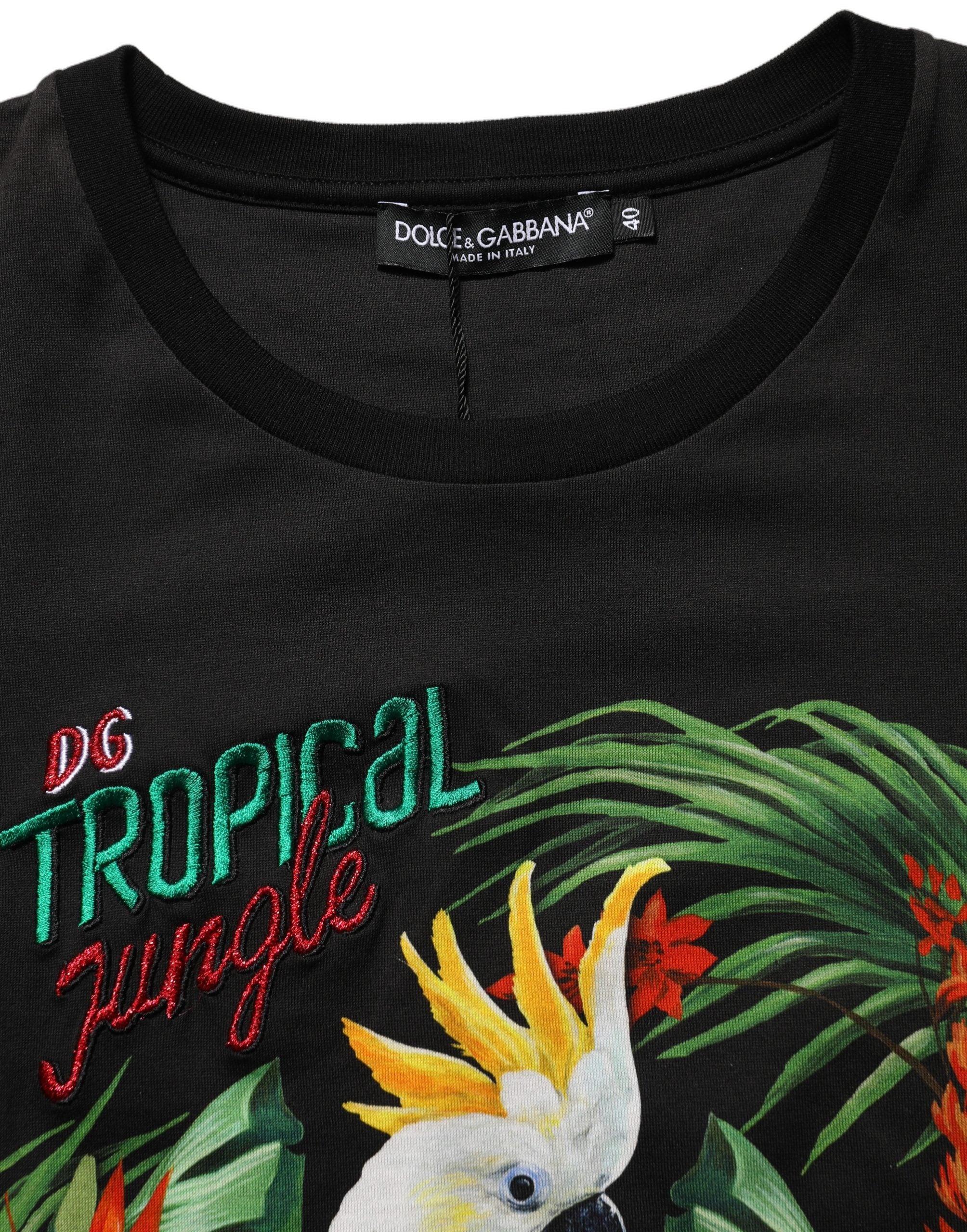 Dolce & Gabbana Schwarzes Baumwoll-T-Shirt mit tropischem Print und Rundhalsausschnitt