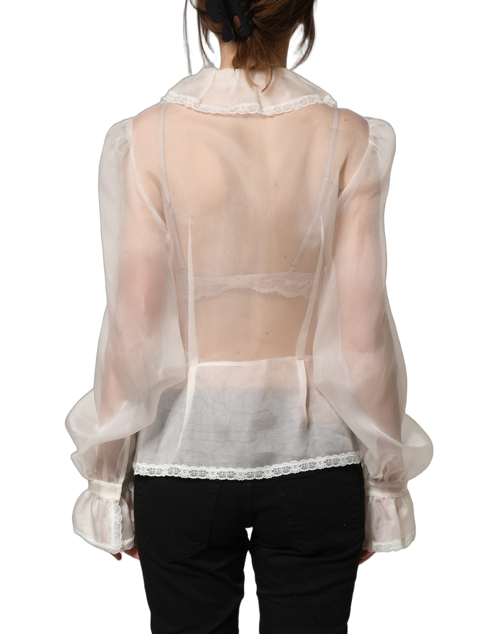 Dolce & Gabbana Weiße Rüschen-Bluse aus transparentem Seiden-Mix mit Knöpfen