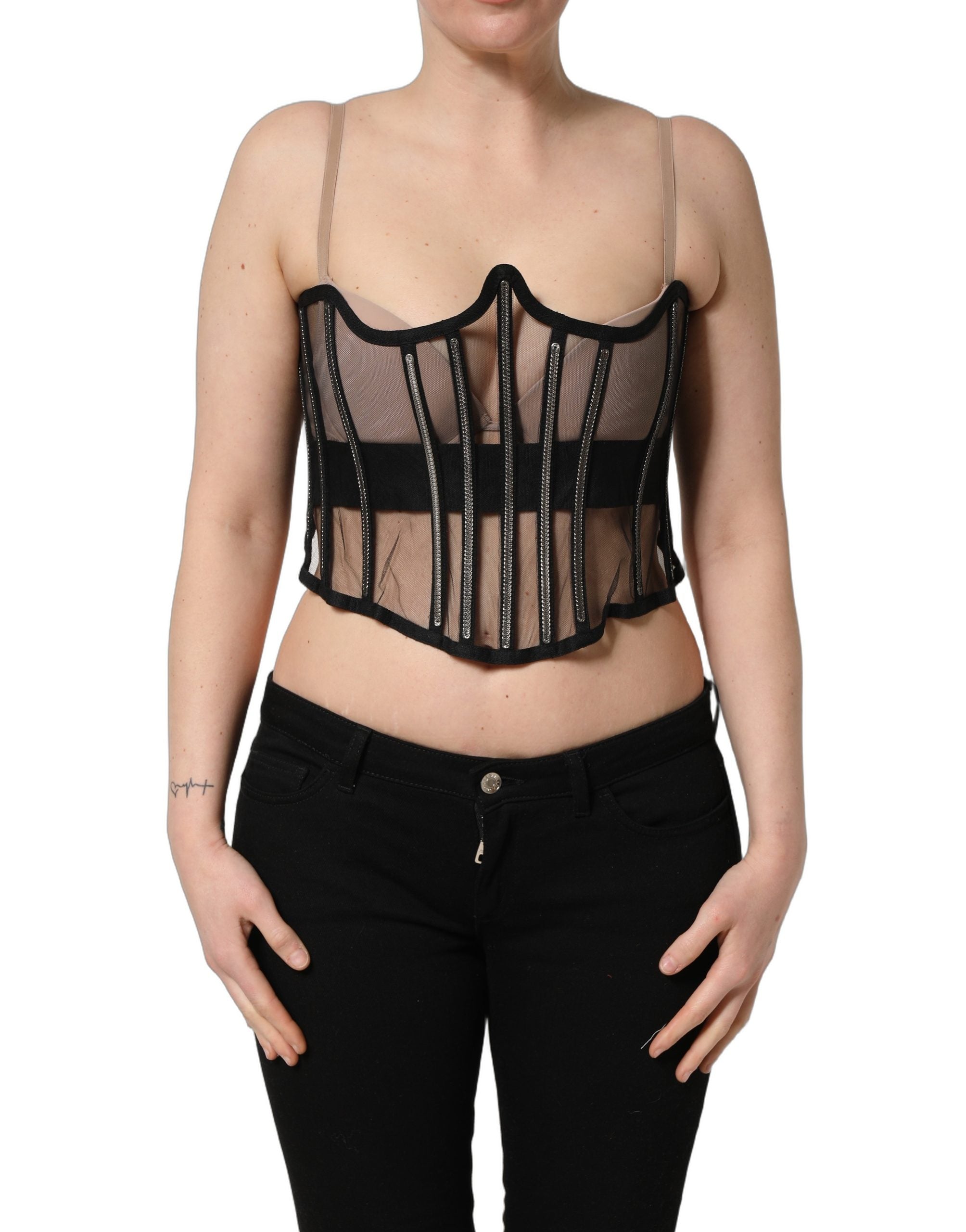 Dolce & Gabbana Schwarzer transparenter Tüll-Body, Cropped Corsagen-Oberteil