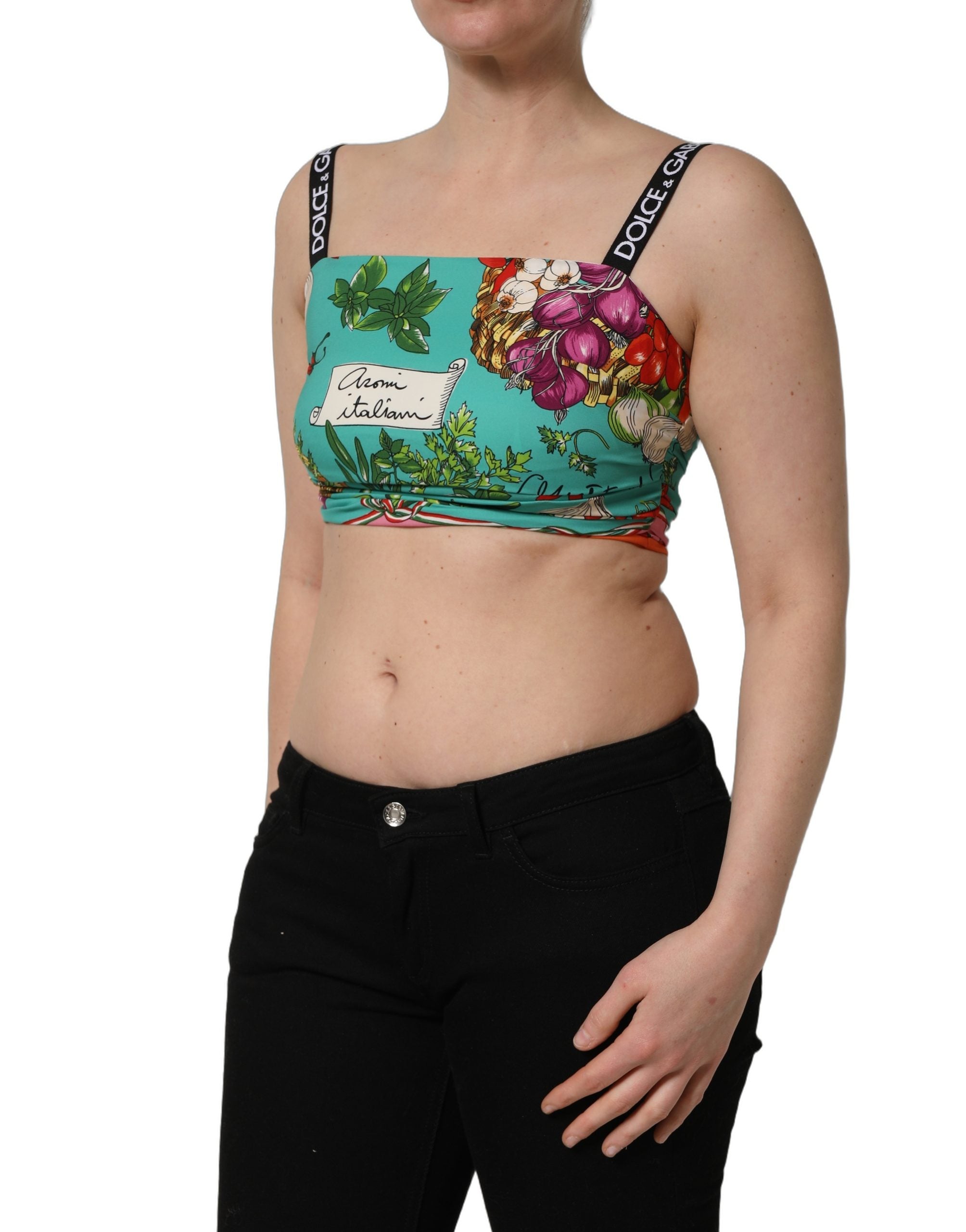 Dolce & Gabbana Türkisfarbener Seiden-Crop-Top mit Gemüseprint