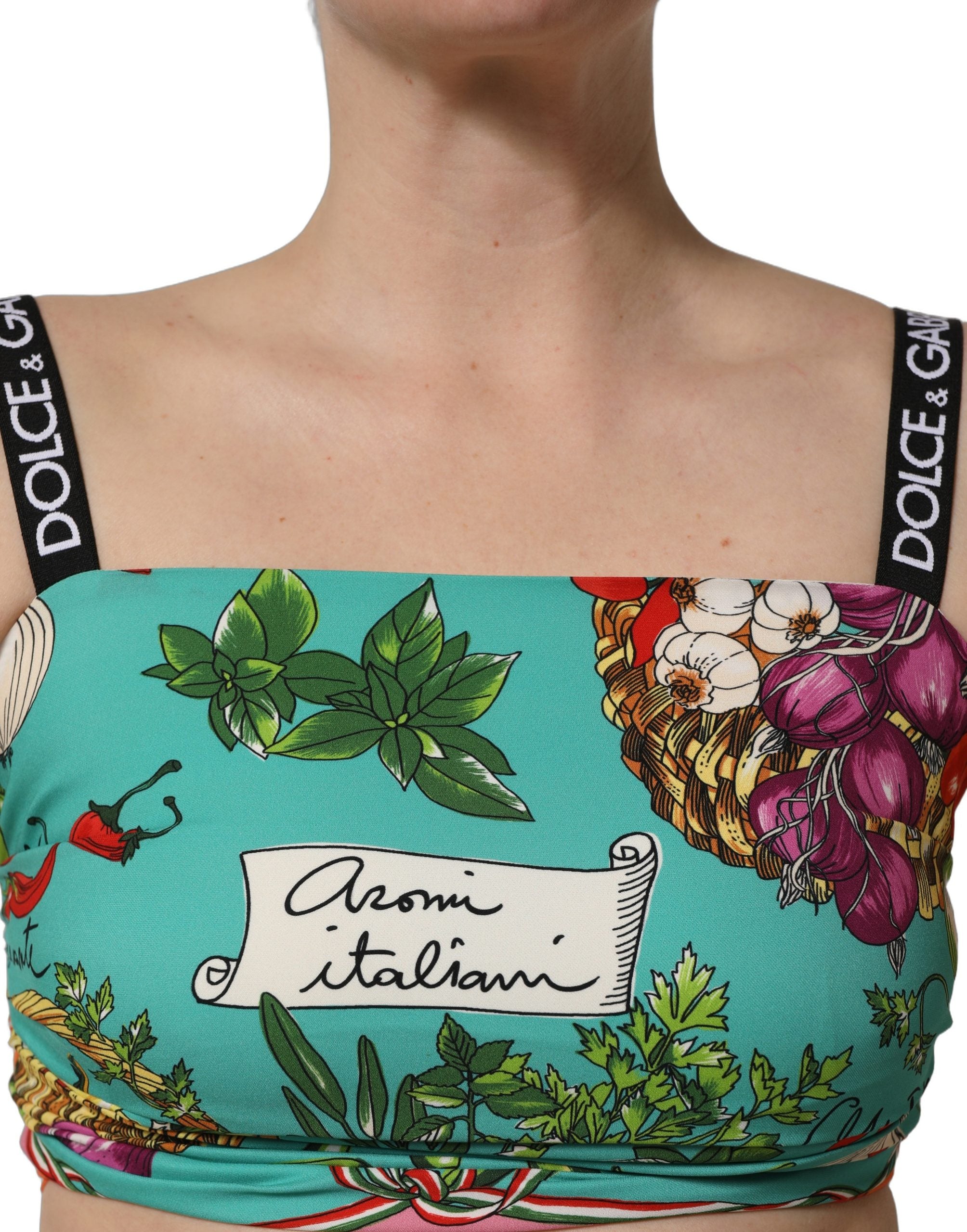 Dolce & Gabbana Türkisfarbener Seiden-Crop-Top mit Gemüseprint
