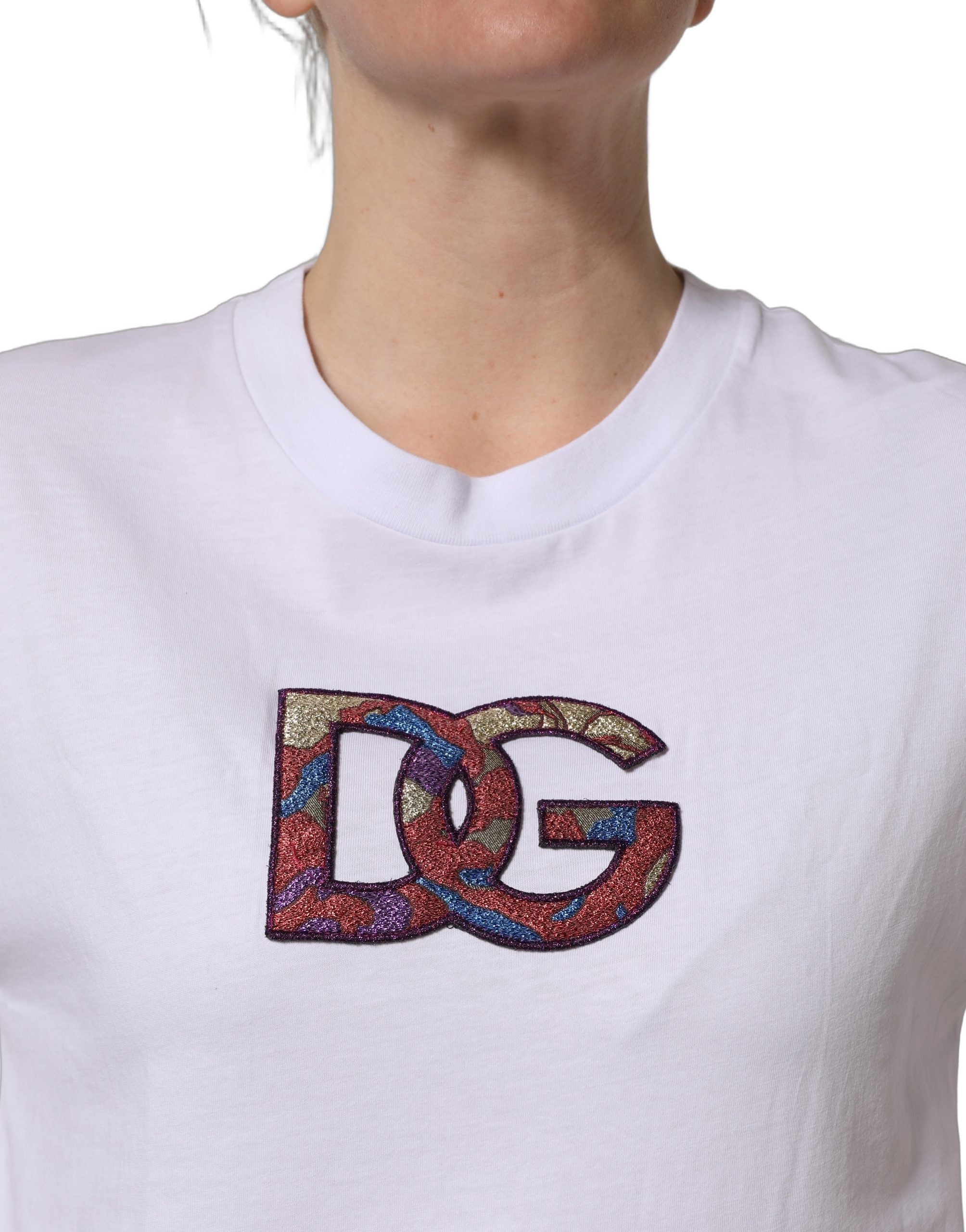 Dolce & Gabbana Weißes Baumwoll-T-Shirt mit DG-Logo-Patch und Rundhalsausschnitt