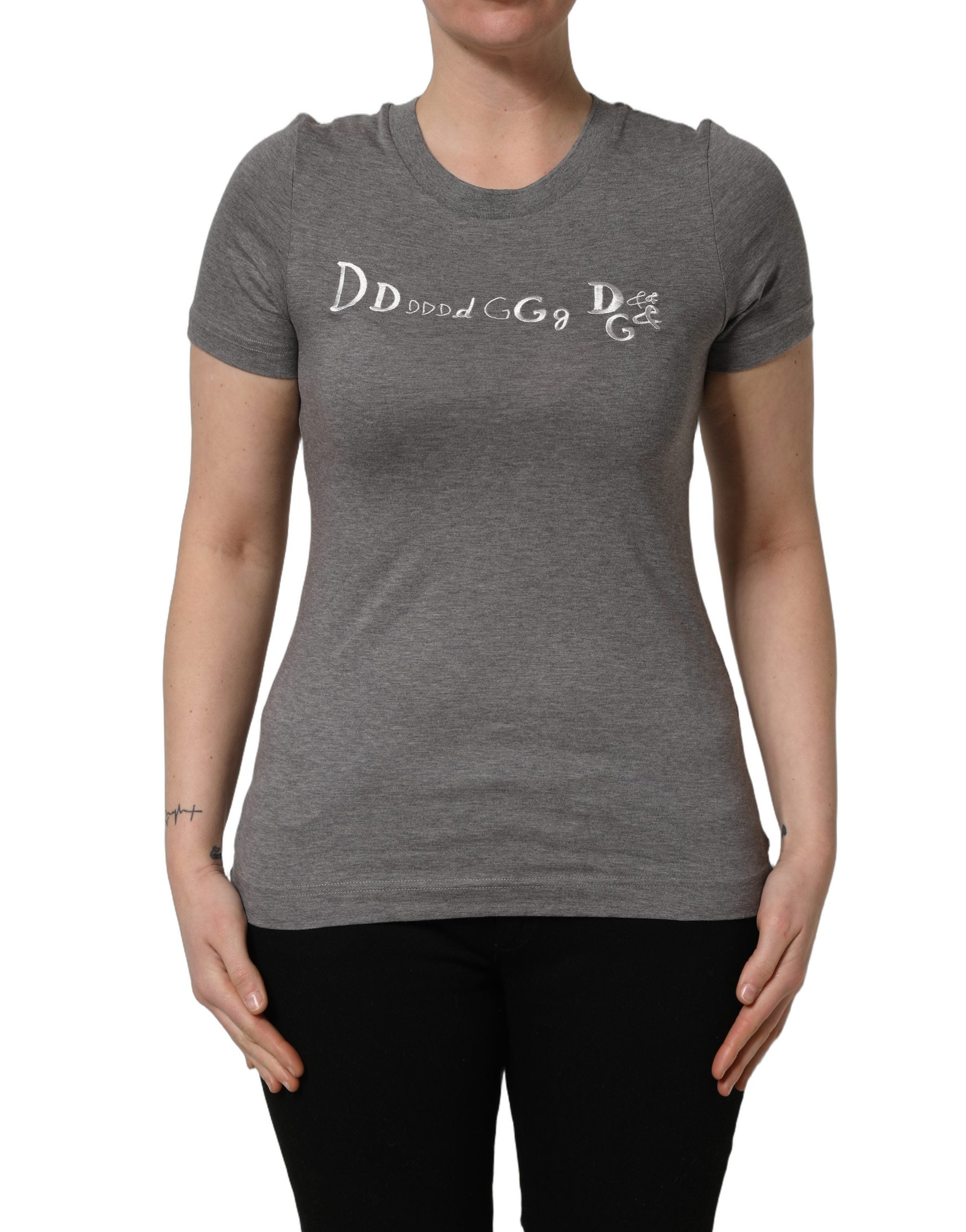 Dolce & Gabbana Graues Kurzarm-T-Shirt mit Logo-Stickerei