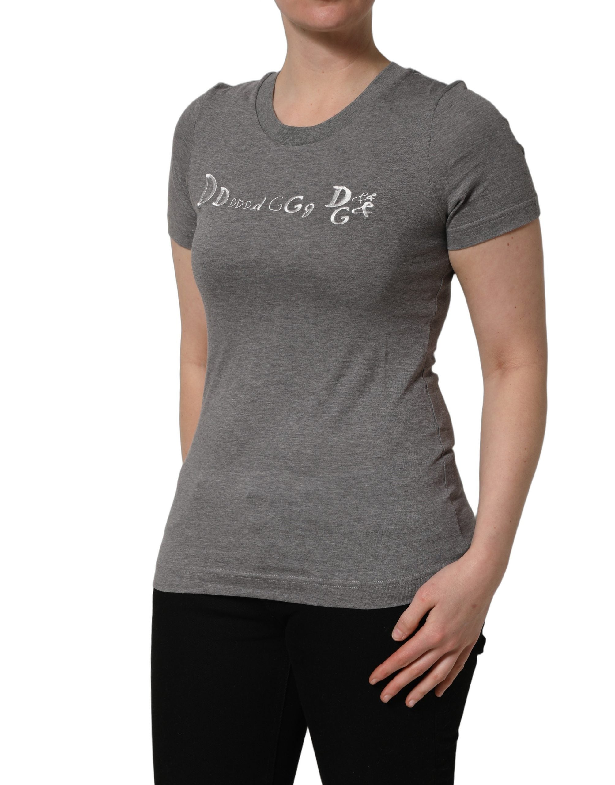Dolce & Gabbana Graues Kurzarm-T-Shirt mit Logo-Stickerei