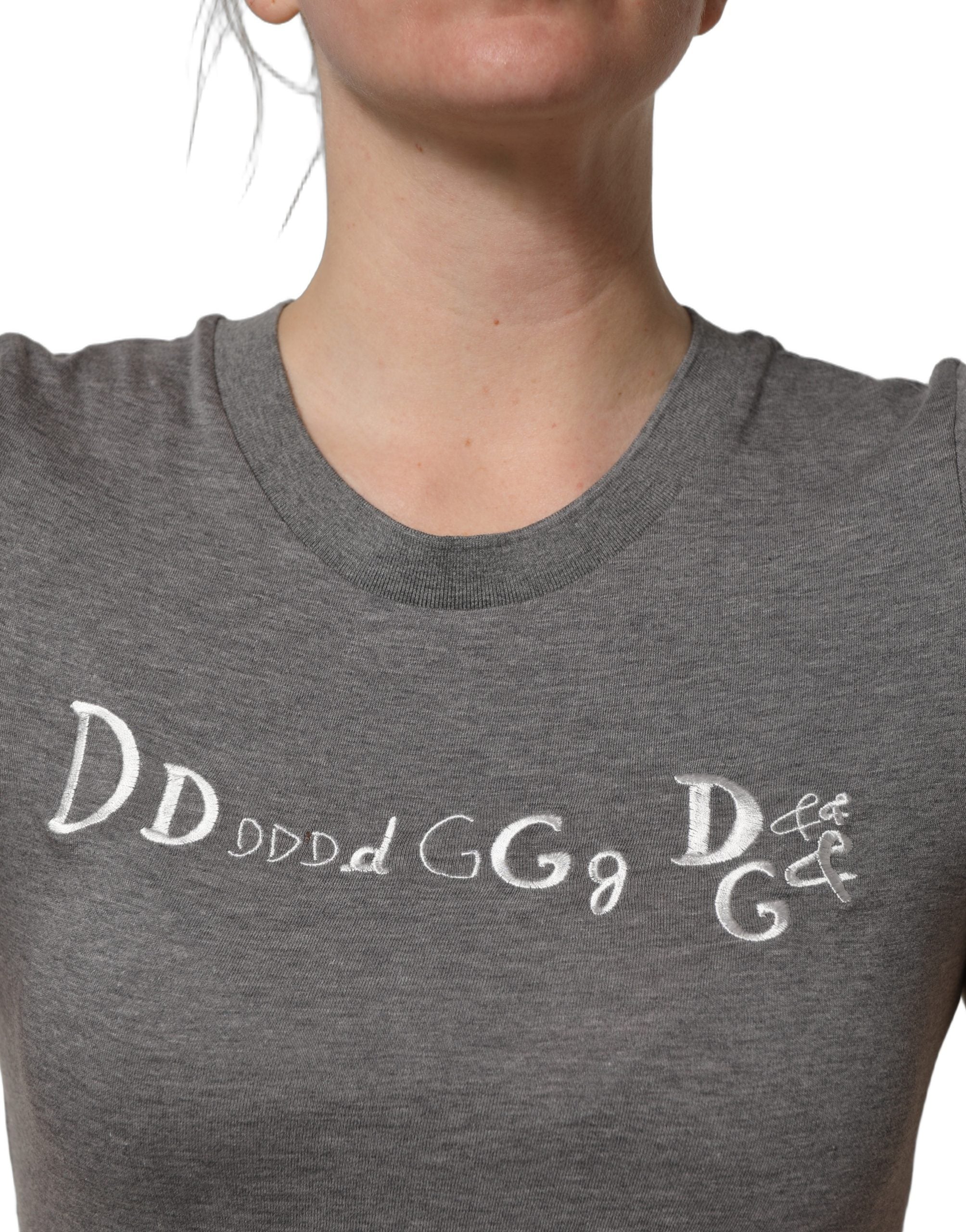 Dolce & Gabbana Graues Kurzarm-T-Shirt mit Logo-Stickerei