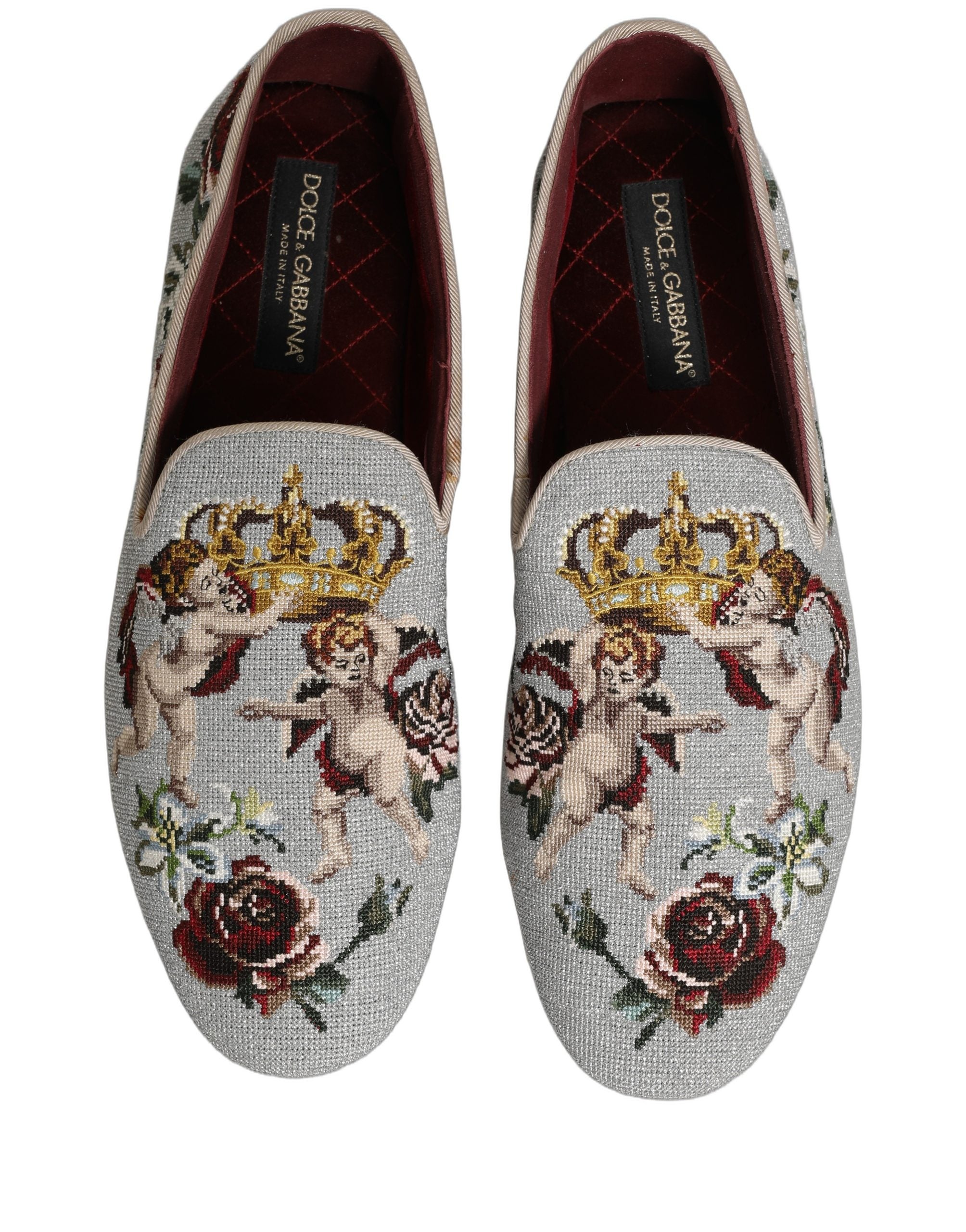 Dolce & Gabbana Graue Loafer mit Krone und Engel-Stickerei