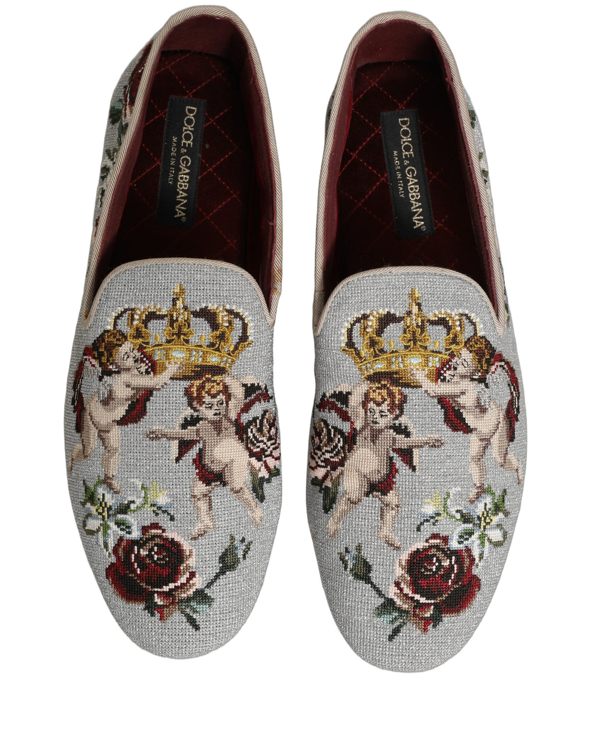Dolce & Gabbana Graue Loafer mit Krone und Engel-Stickerei