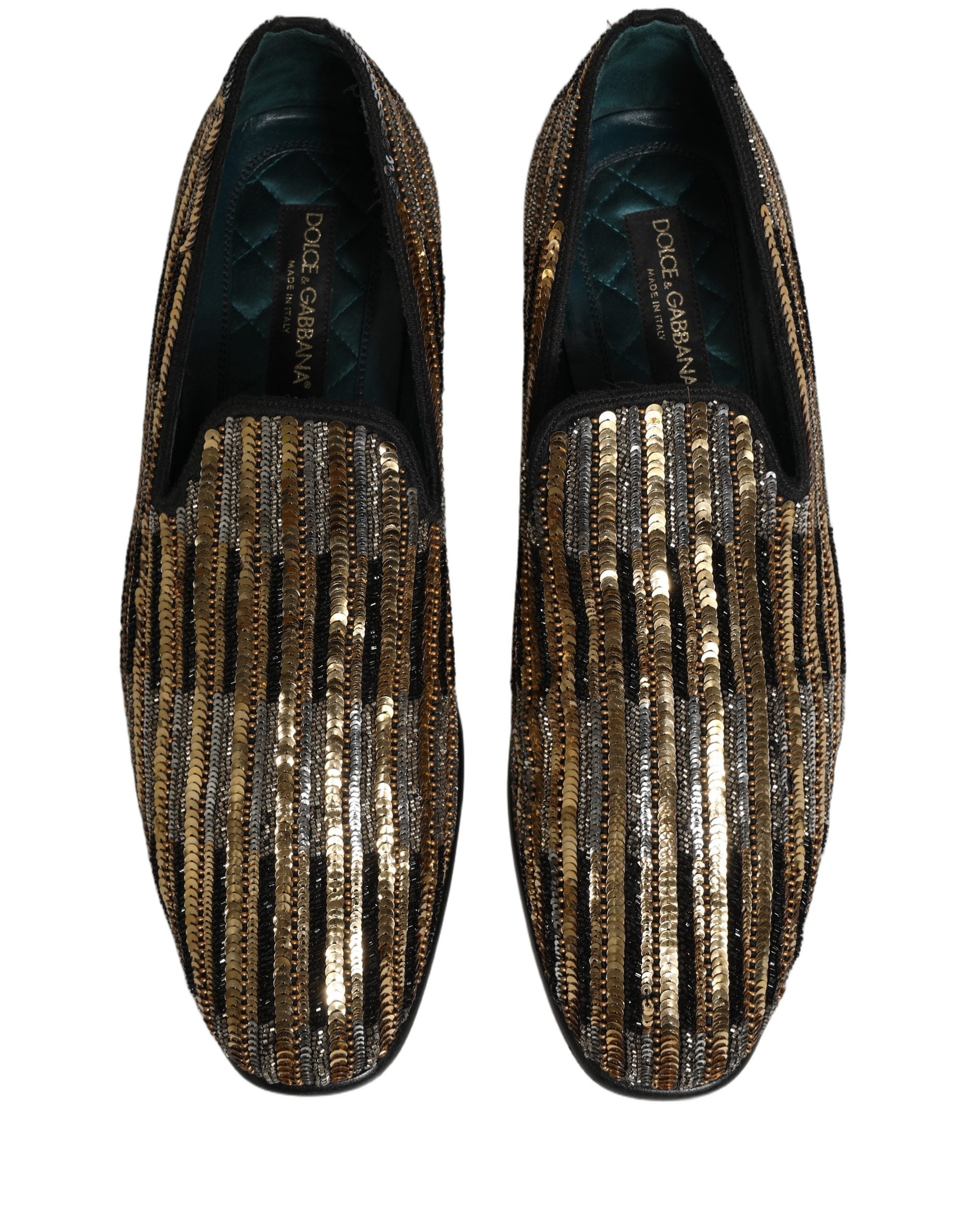 Dolce & Gabbana Gold gestreifte Loafer-Schuhe mit Paillettenbesatz