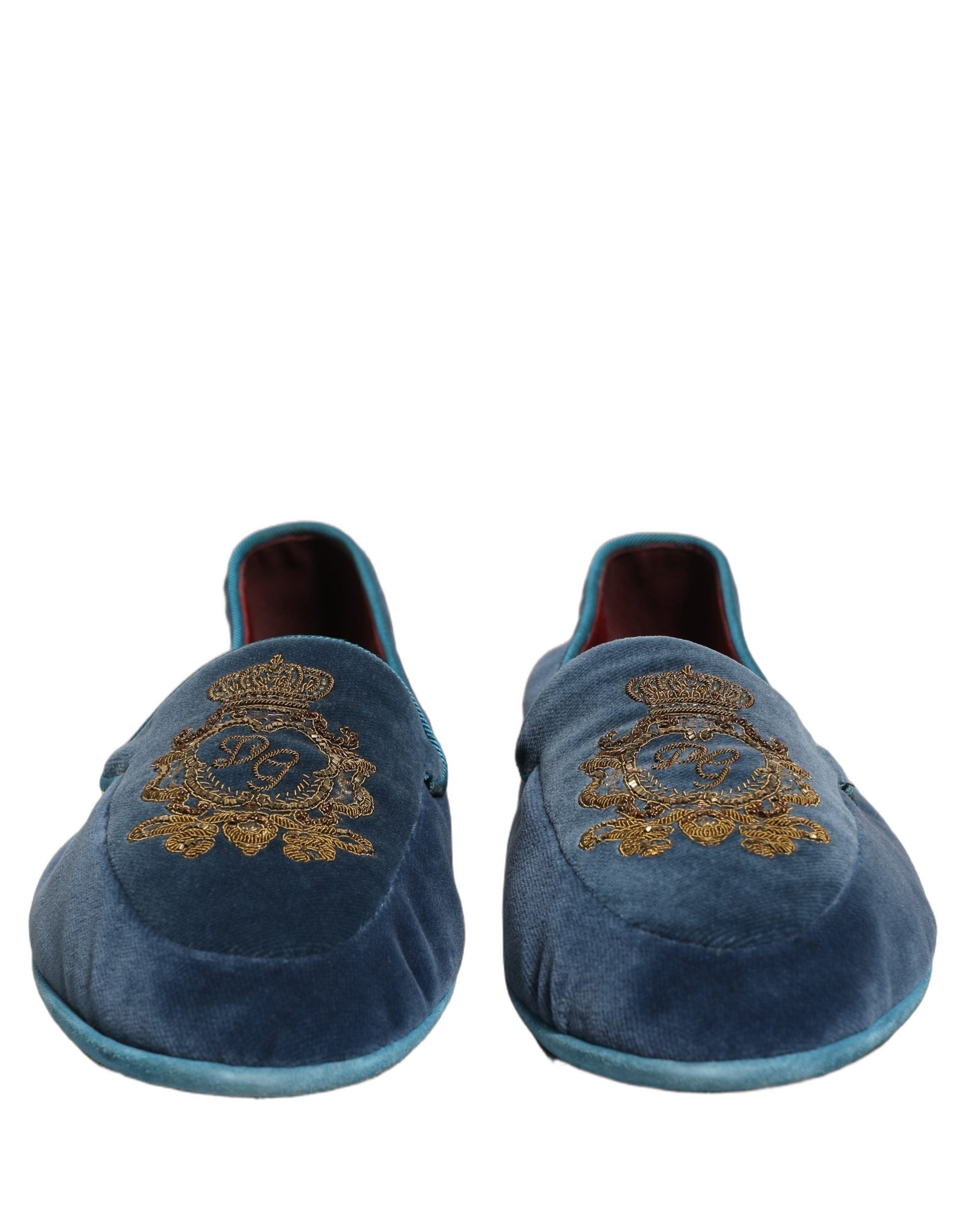 Dolce & Gabbana Blaue Samt-Loafer mit Kronenstickerei