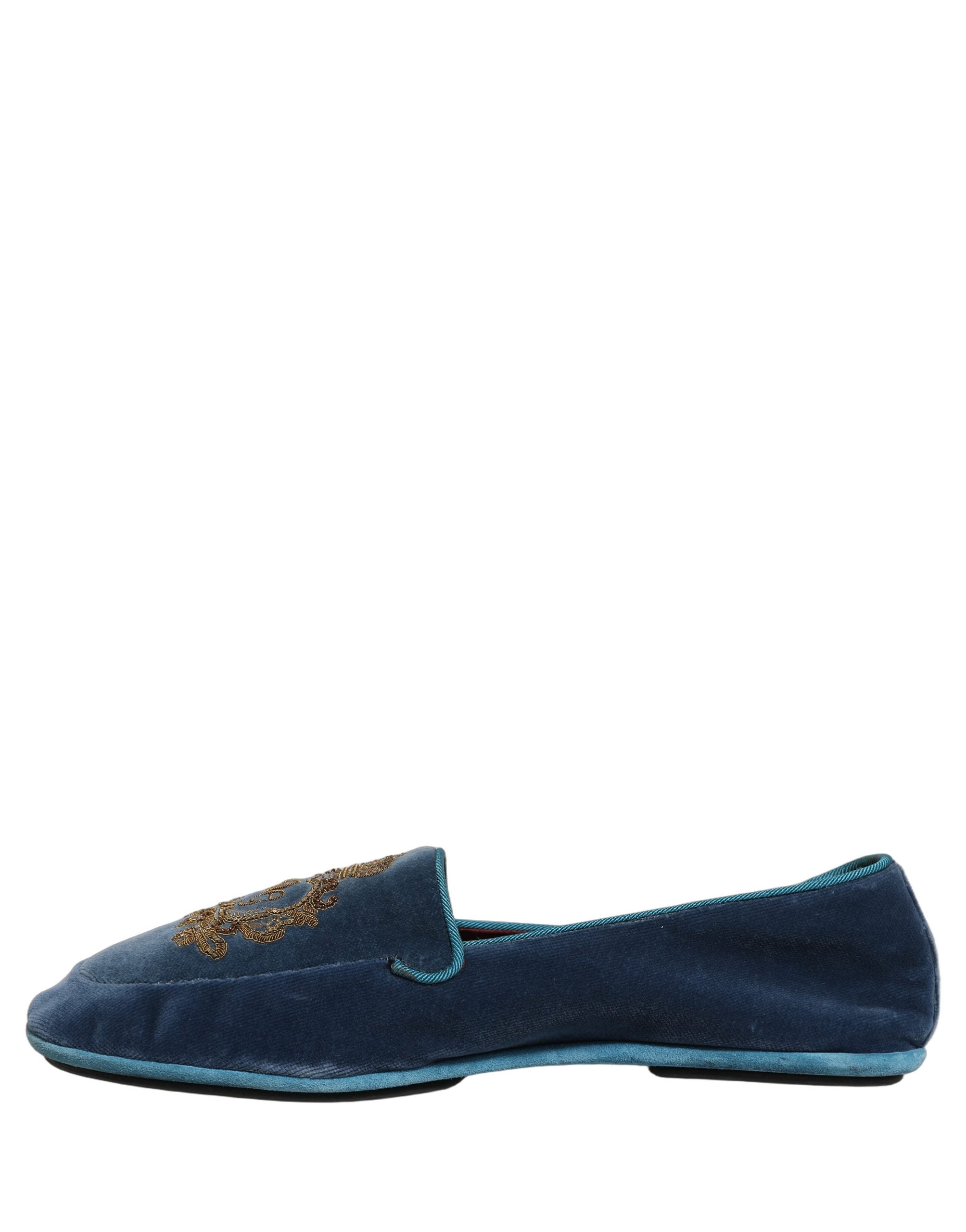 Dolce & Gabbana Blaue Samt-Loafer mit Kronenstickerei