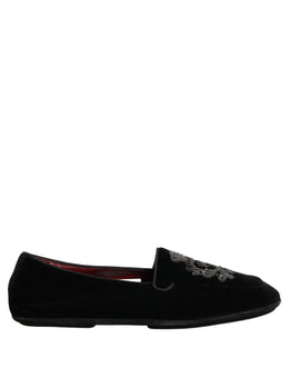 Dolce & Gabbana Schwarze Loafer mit Samt und Kronenstickerei