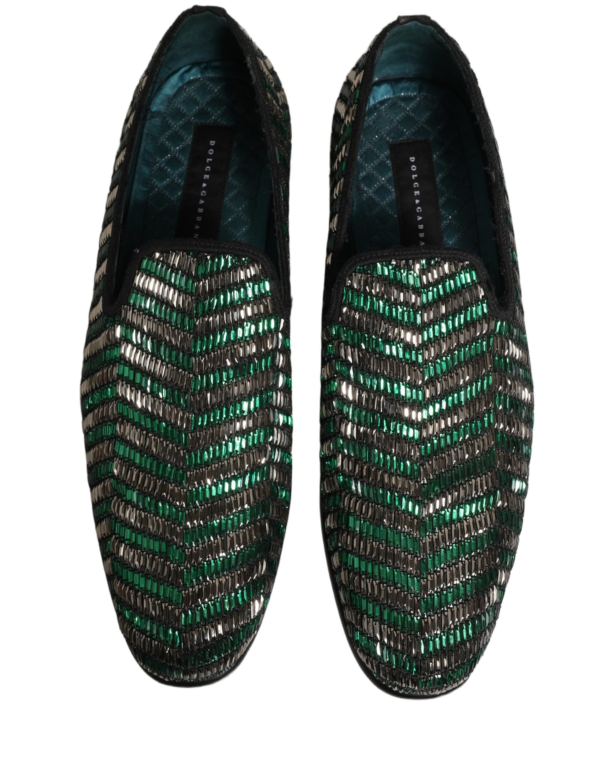 Dolce & Gabbana Silberne grüne verzierte Loafer-Schuhe
