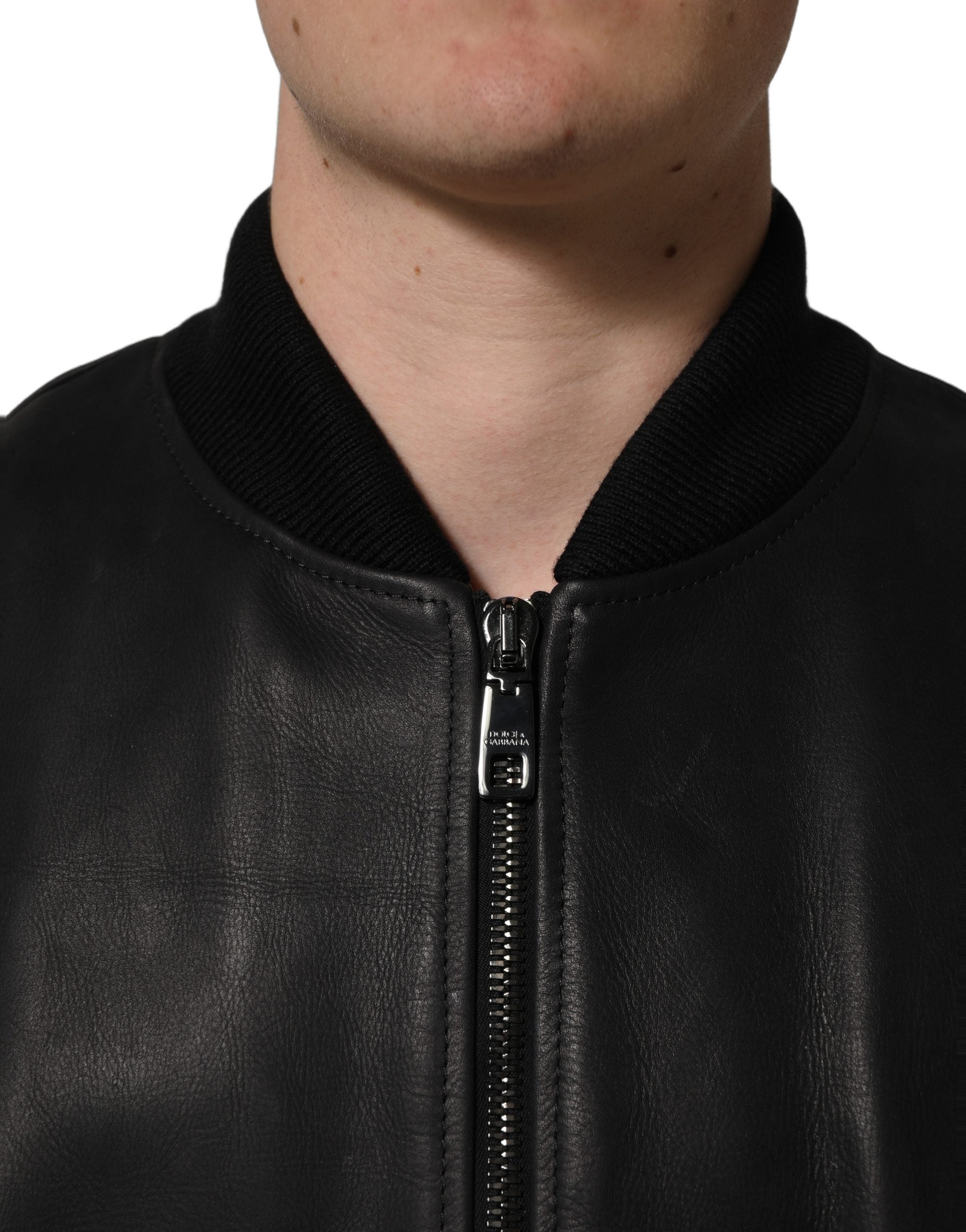 Dolce & Gabbana Herren-Bikerjacke aus schwarzem Leder mit durchgehendem Reißverschluss