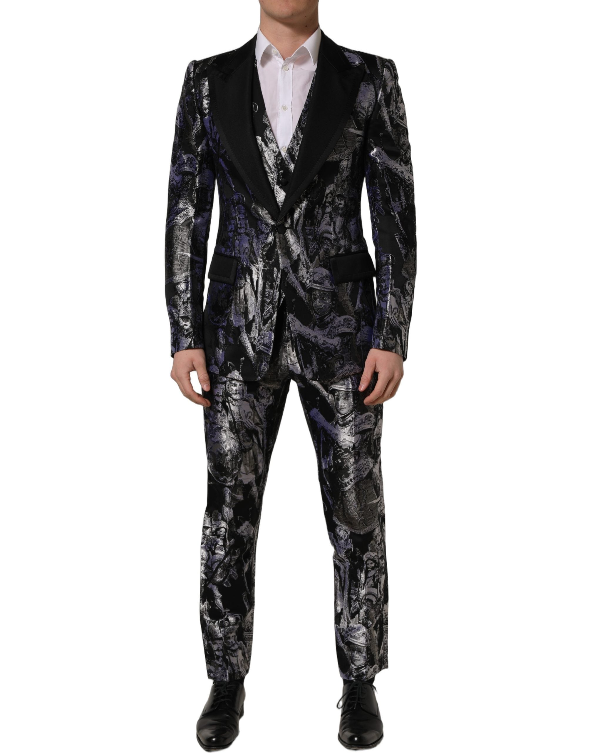 Dolce & Gabbana Schwarzer Jacquard Slim Fit Anzug im 3-teiligen Set
