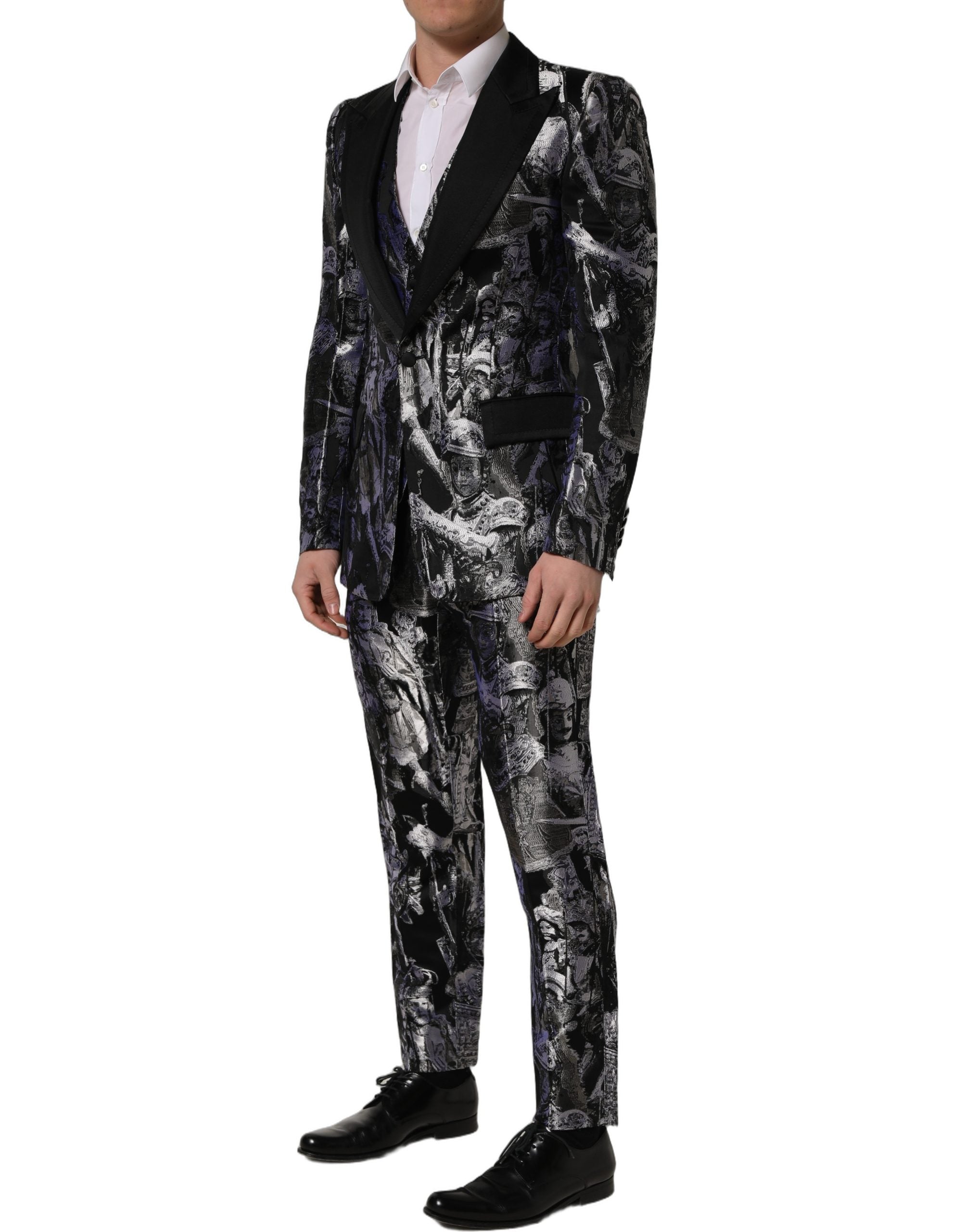 Dolce & Gabbana Schwarzer Jacquard Slim Fit Anzug im 3-teiligen Set