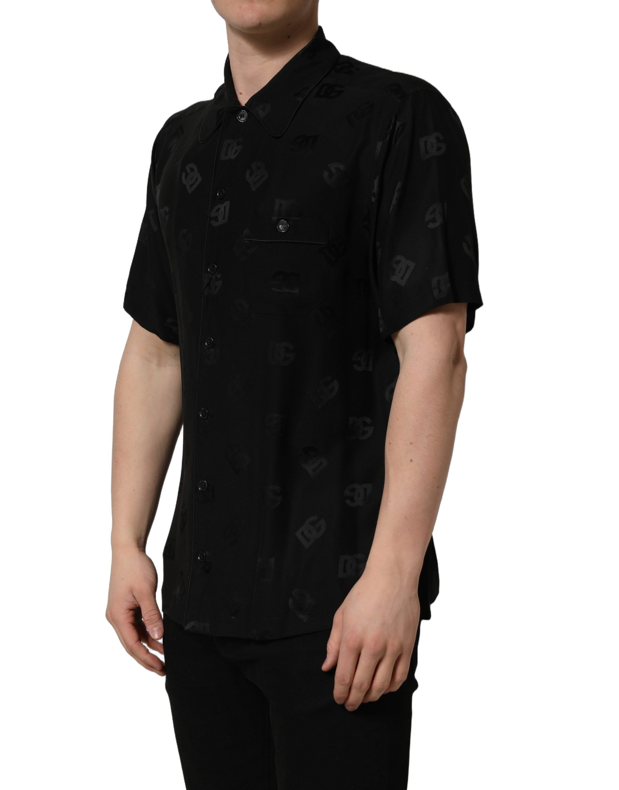 Dolce & Gabbana Herrenhemd mit kurzen Ärmeln und schwarzem Logo-Monogramm