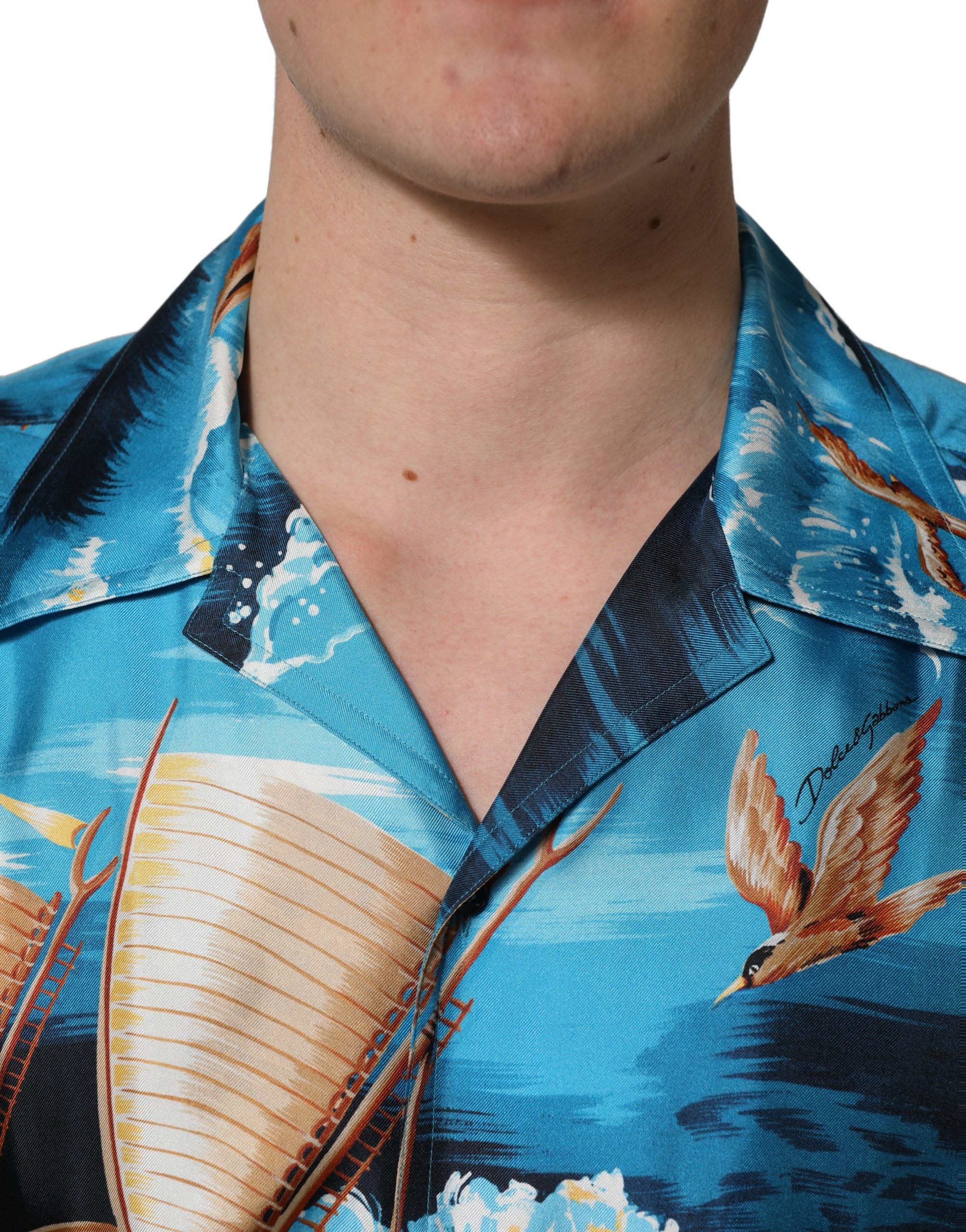 Dolce & Gabbana Blaues Seiden-Twill-Hemd mit Hawaiian-Print