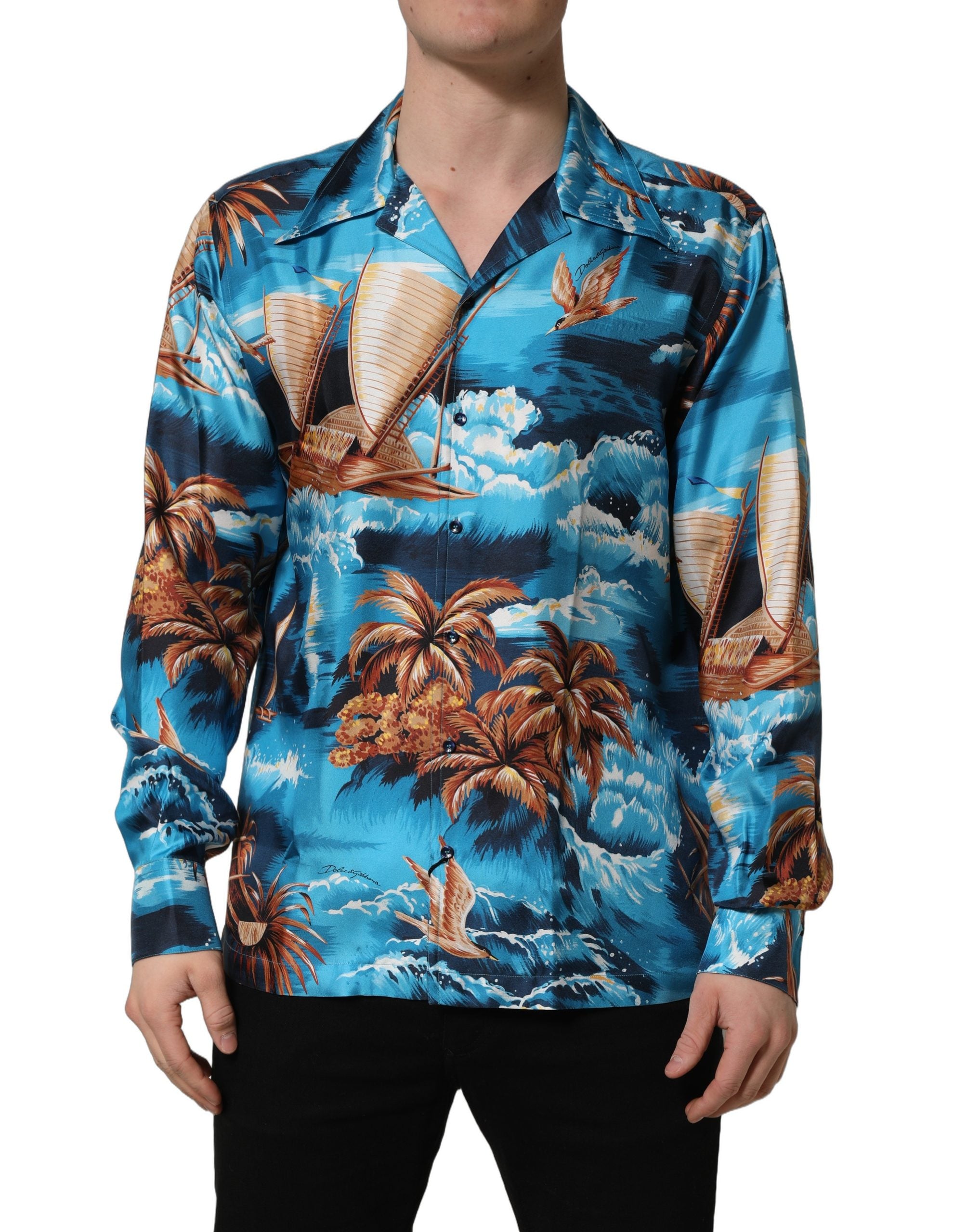 Dolce & Gabbana Blaues Seiden-Twill-Hemd mit Hawaiian-Print