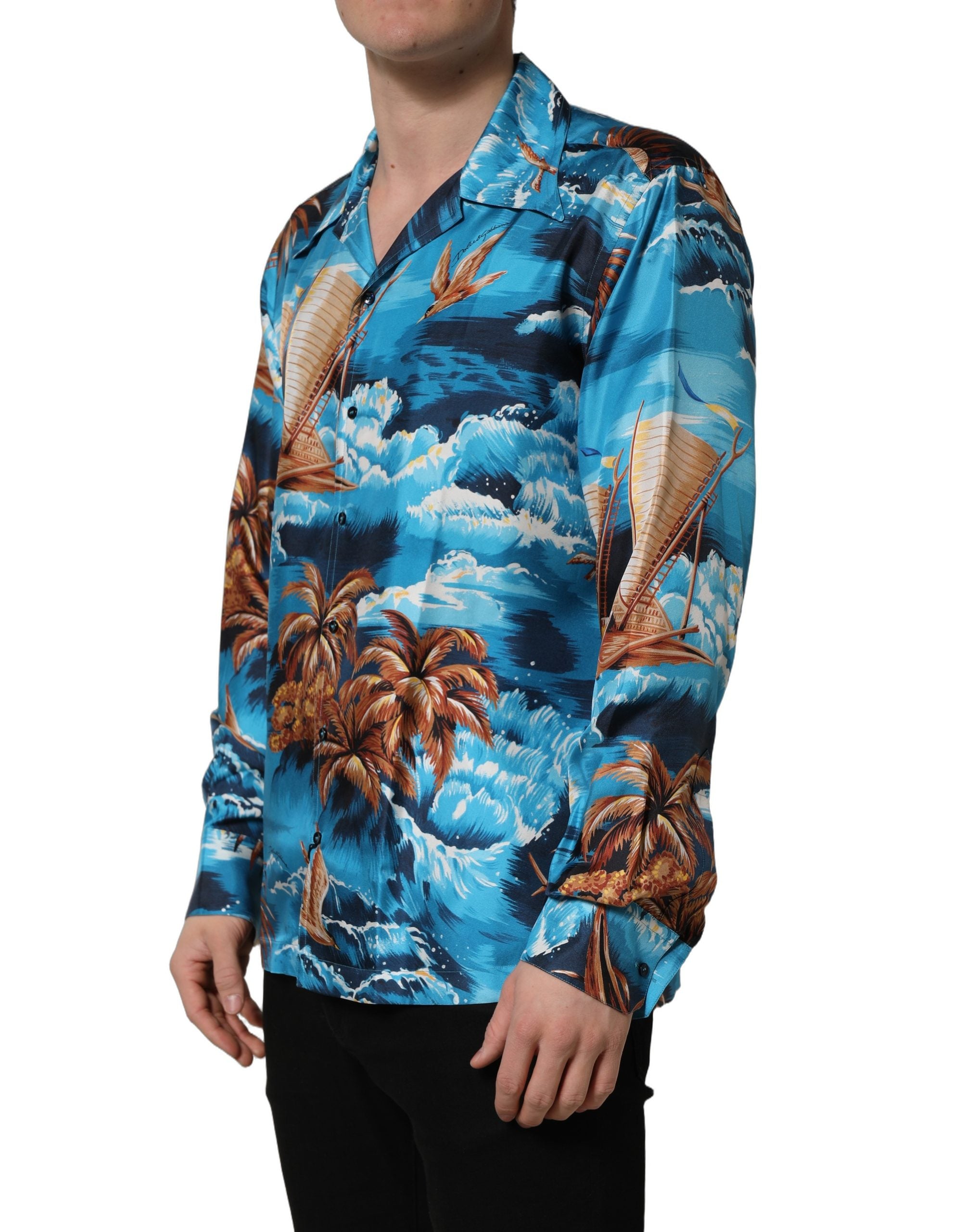 Dolce & Gabbana Blaues Seiden-Twill-Hemd mit Hawaiian-Print