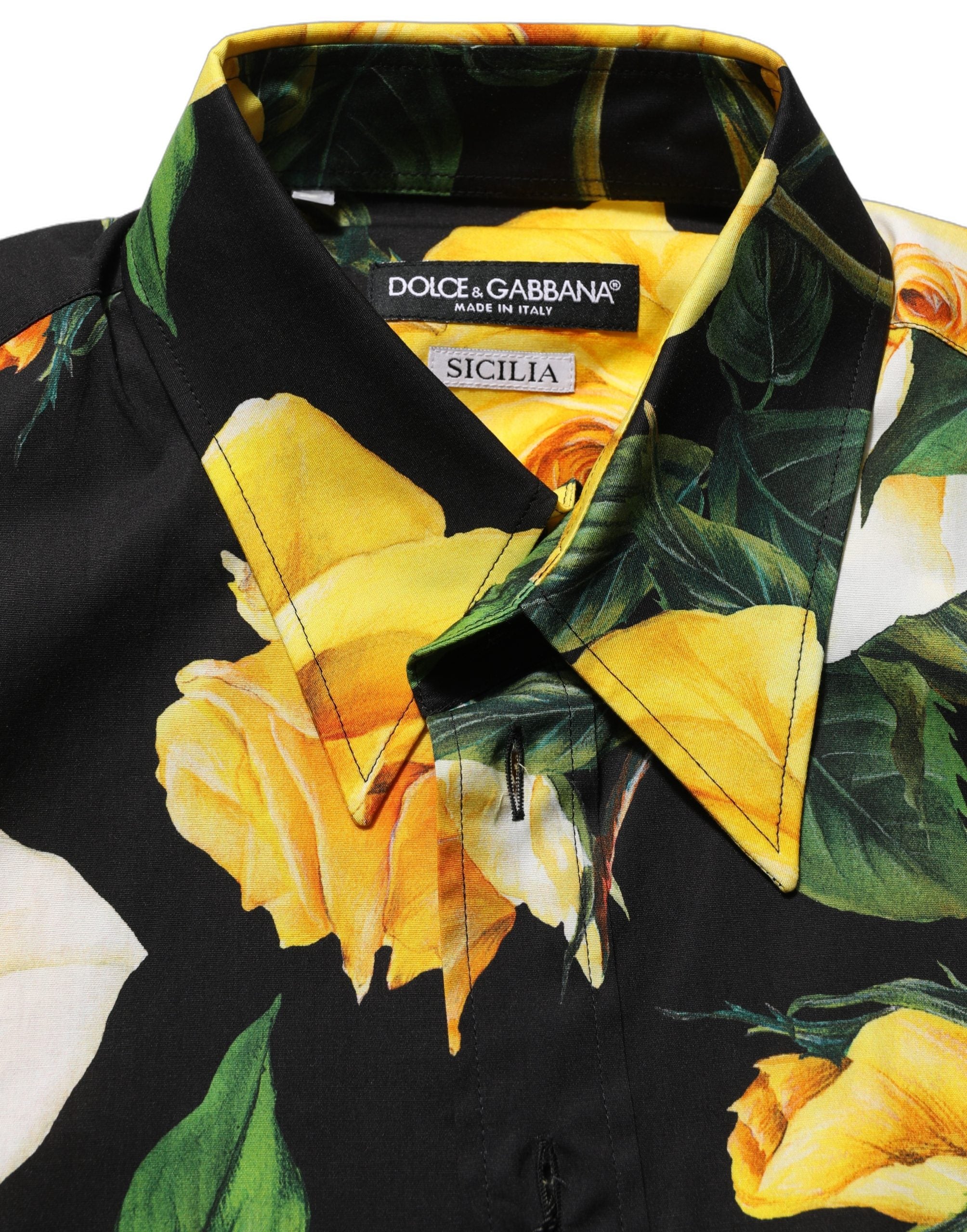 Dolce & Gabbana Schwarzes Stretch-Baumwollhemd SICILIA Fit mit Blumenmuster
