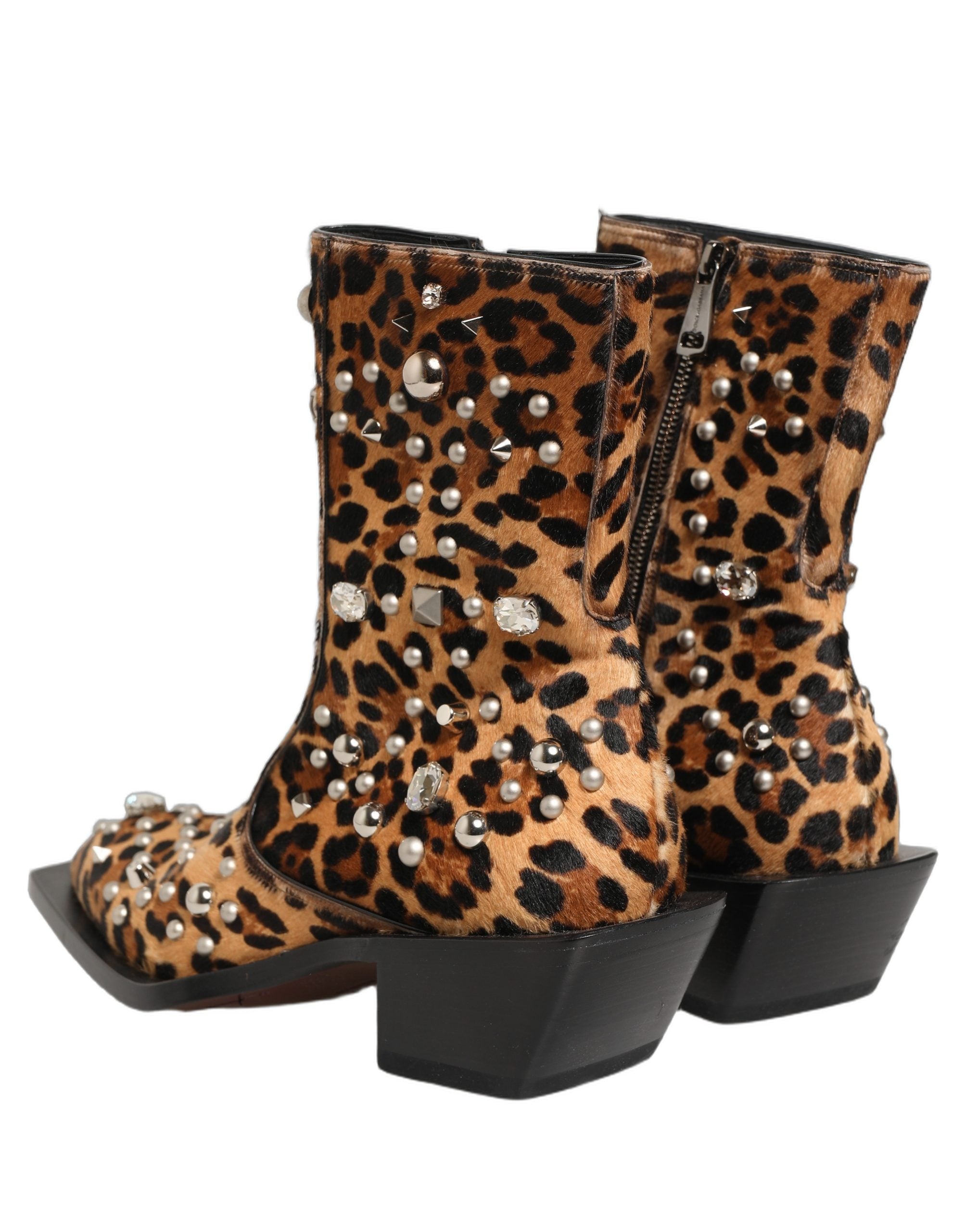 Dolce & Gabbana Braune Herren-Stiefel in Mid-Calf-Länge mit Leopardenmuster und Verzierungen