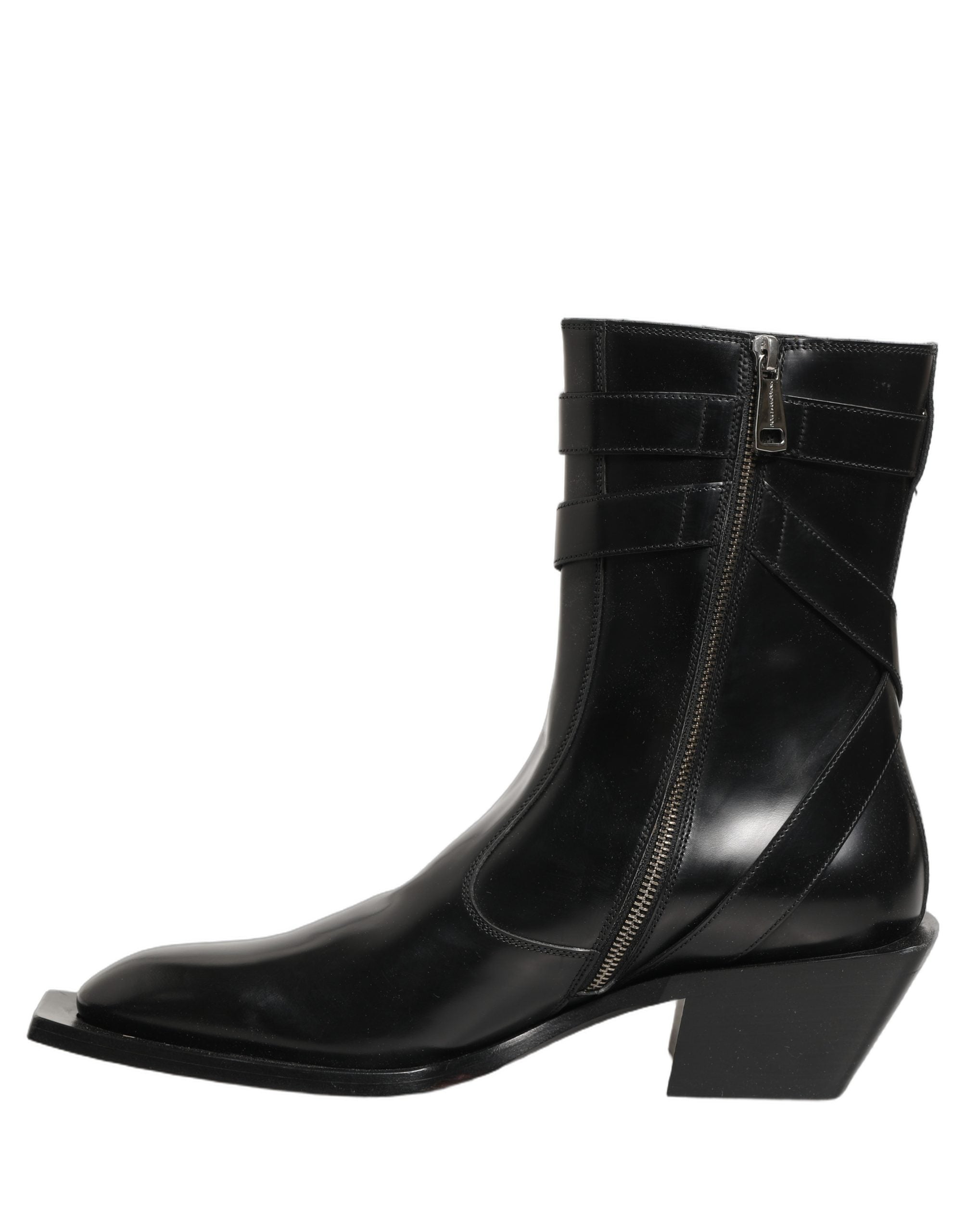 Dolce & Gabbana Schwarze Lederstiefel mit DG-Plakette, mittelhoher Schaft
