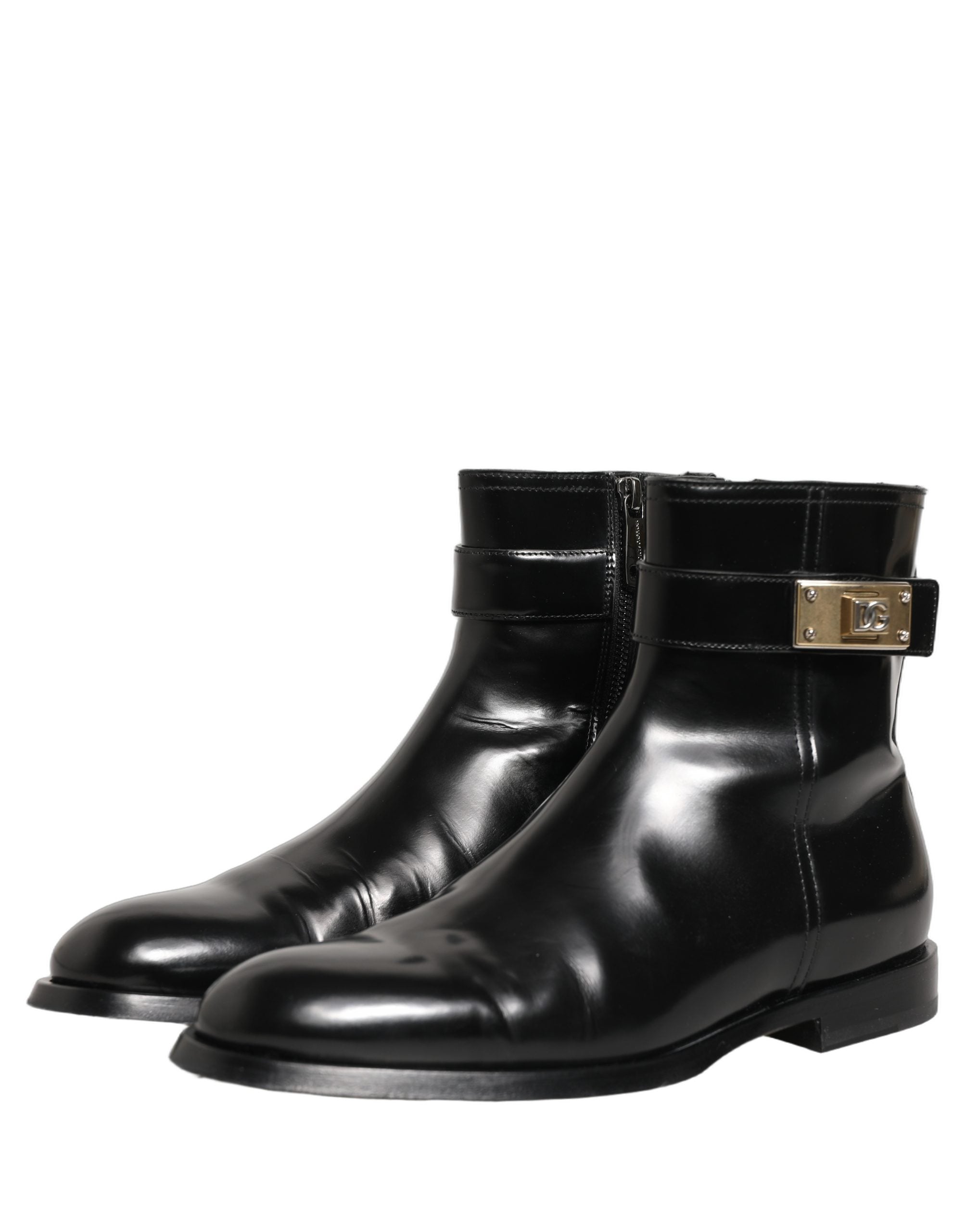 Dolce & Gabbana Schwarze Lederstiefel mit Logo-Schnalle, mittelhoher Schaft