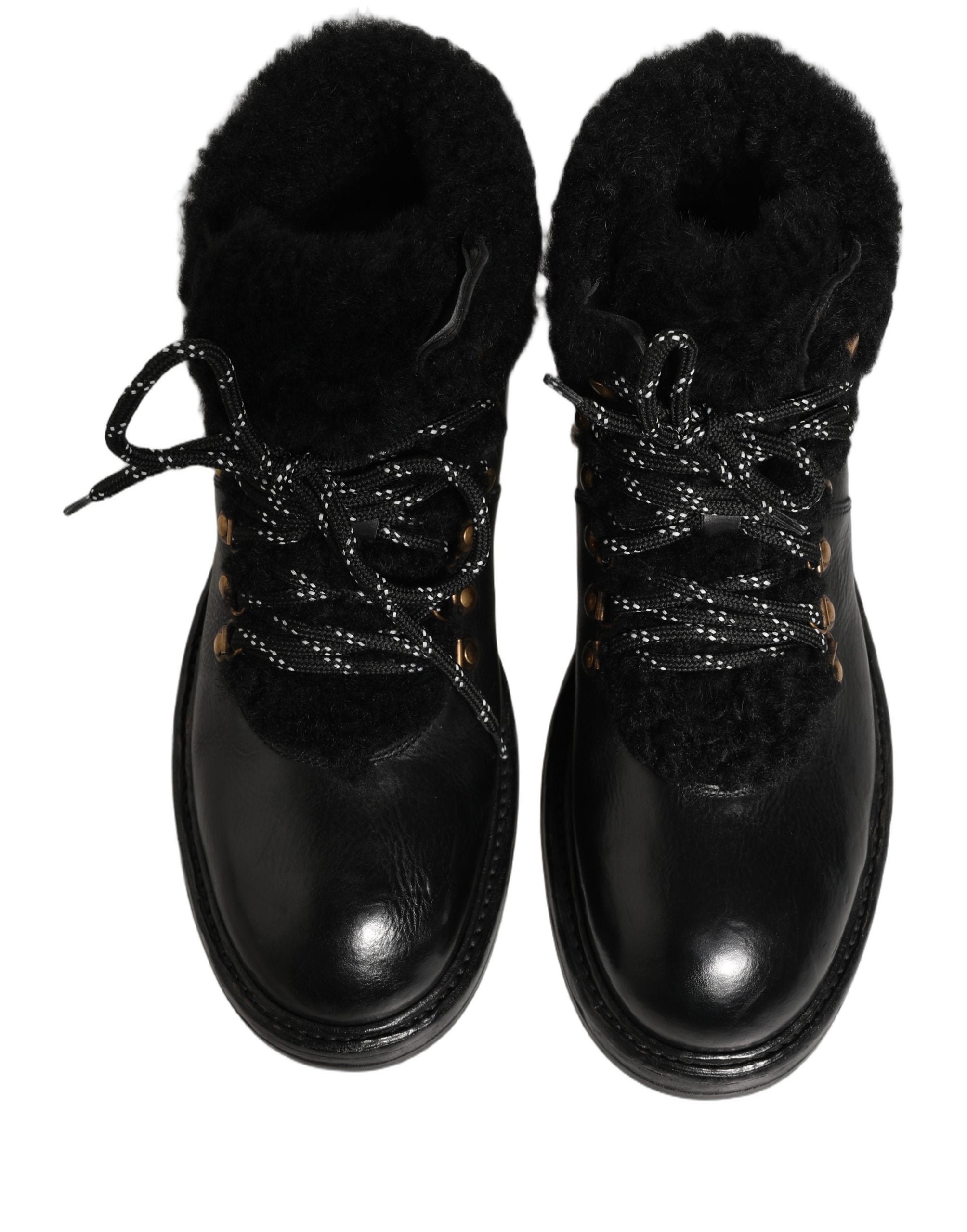 Dolce & Gabbana Schwarze Trekking-Stiefel aus Leder mit Schnürung und Pelzbesatz
